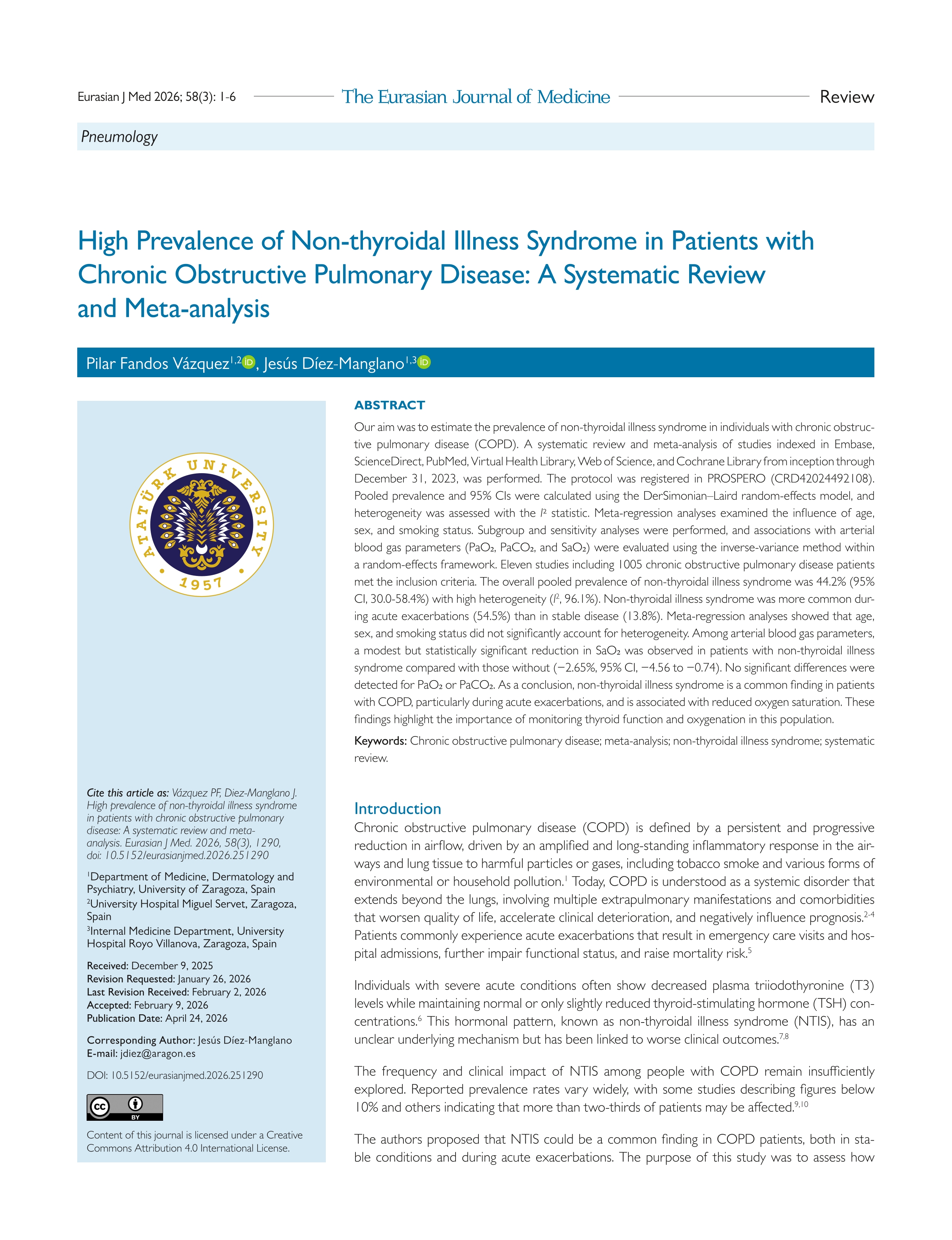 High Prevalence of Non-thyroidal Illness Syndrome in Patients with Chronic Obstructive Pulmonary Disease: A Systematic Review and Meta-analysis
