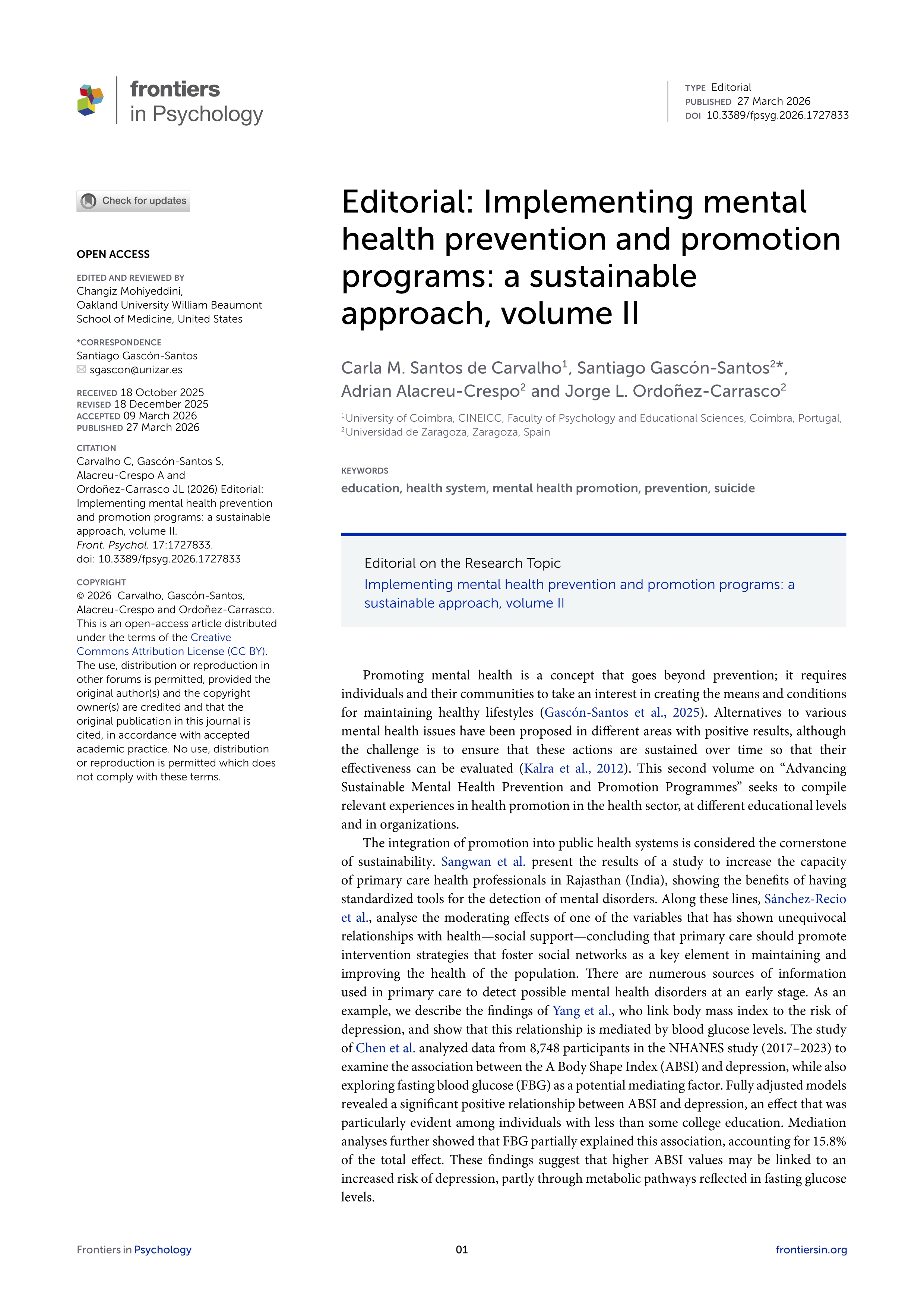 Editorial: Implementing mental health prevention and promotion programs: a sustainable approach, volume II