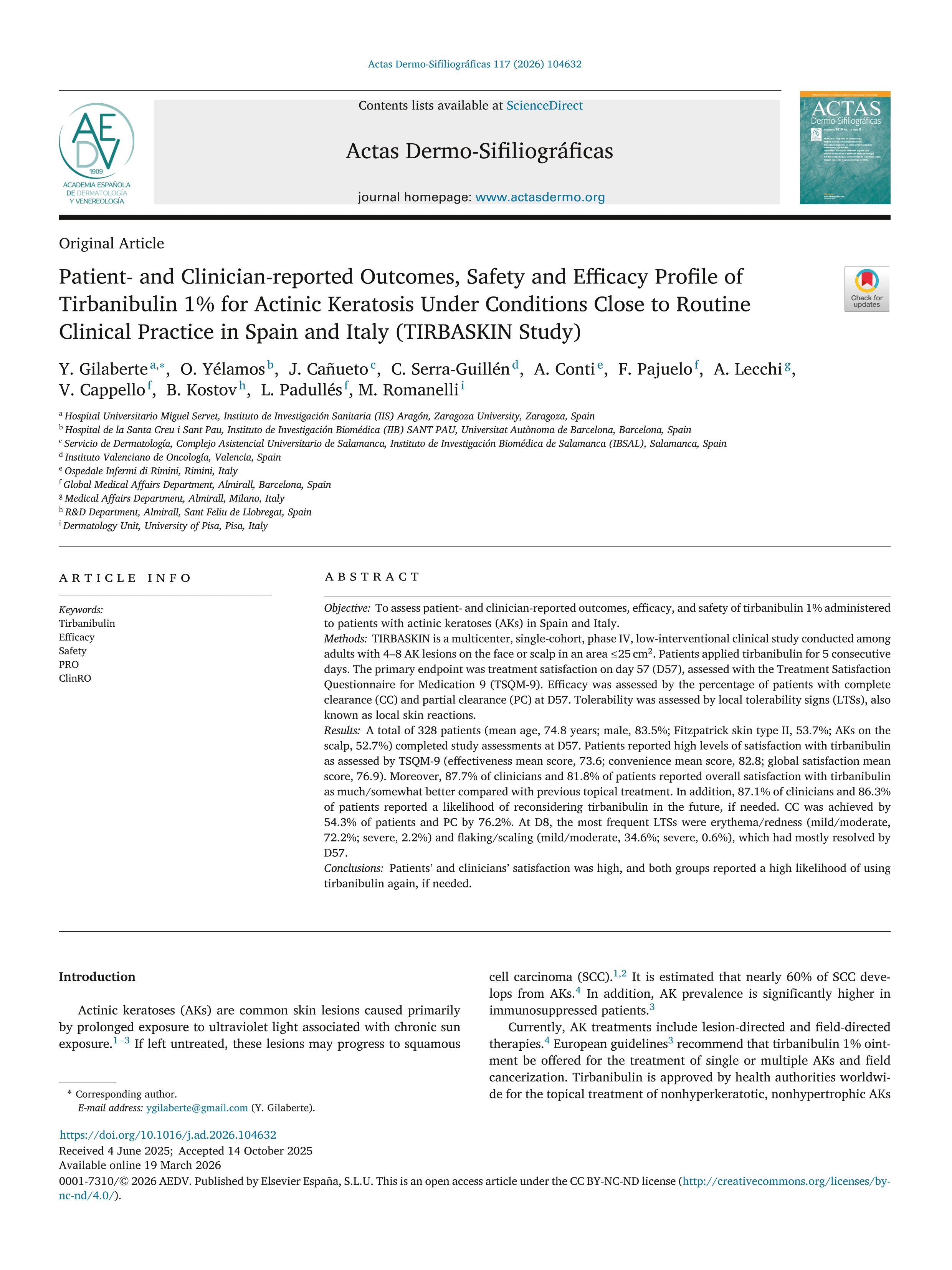 Patient- and Clinician-reported Outcomes, Safety and Efficacy Profile of Tirbanibulin 1% for Actinic Keratosis Under Conditions Close to Routine Clinical Practice in Spain and Italy (TIRBASKIN Study)