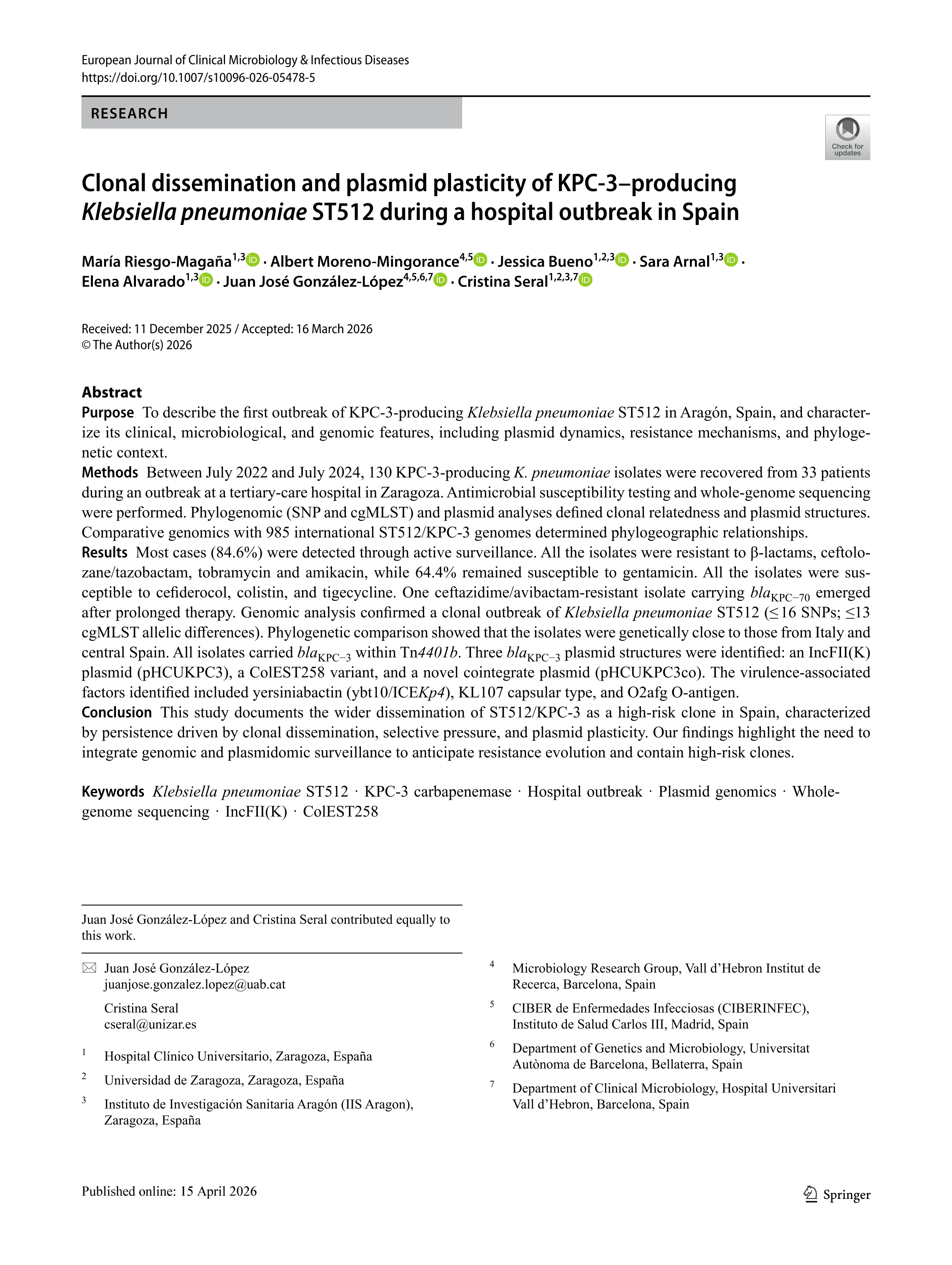 Clonal dissemination and plasmid plasticity of KPC-3–producing Klebsiella pneumoniae ST512 during a hospital outbreak in Spain