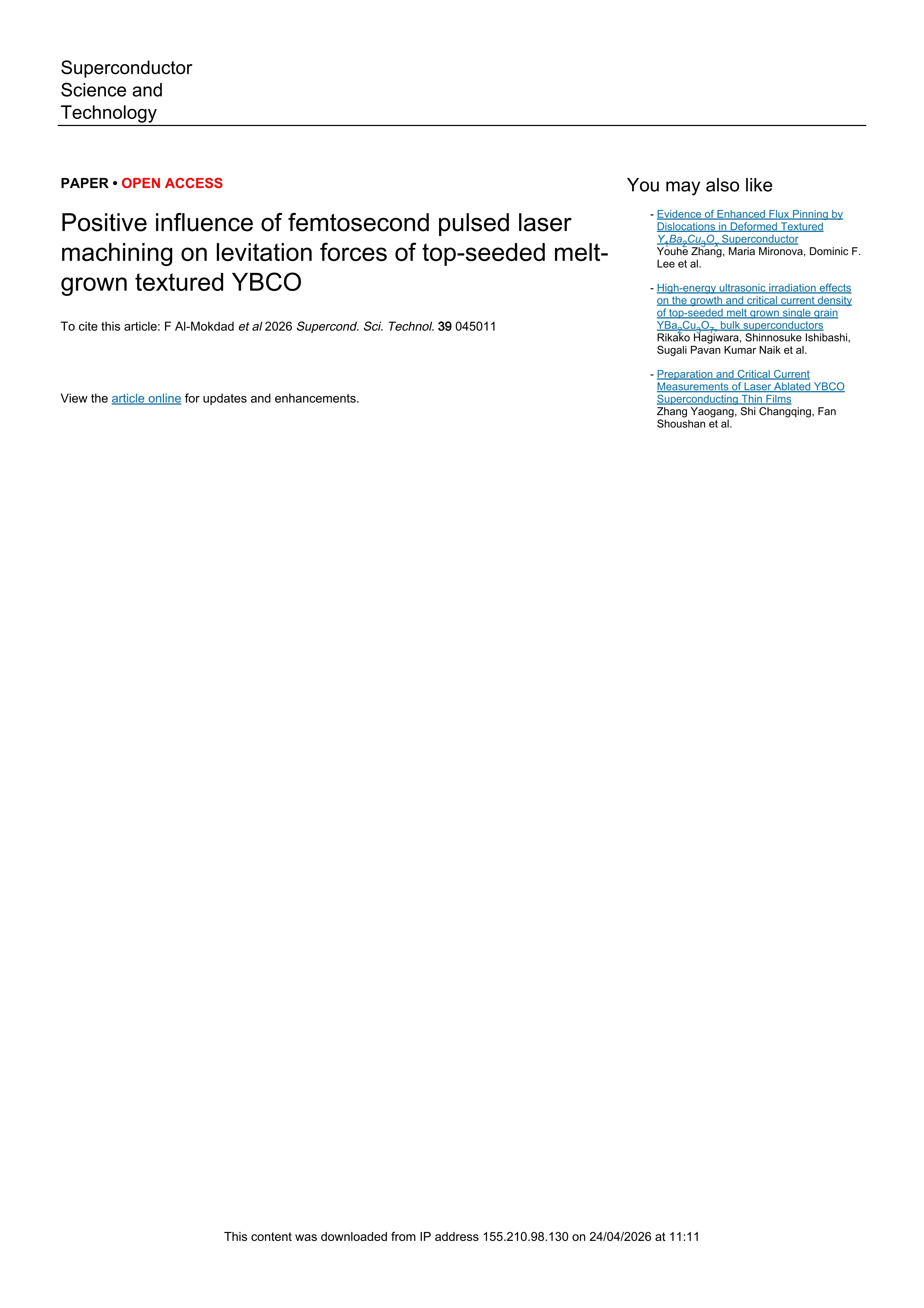 Positive influence of femtosecond pulsed laser machining on levitation forces of top-seeded melt-grown textured YBCO