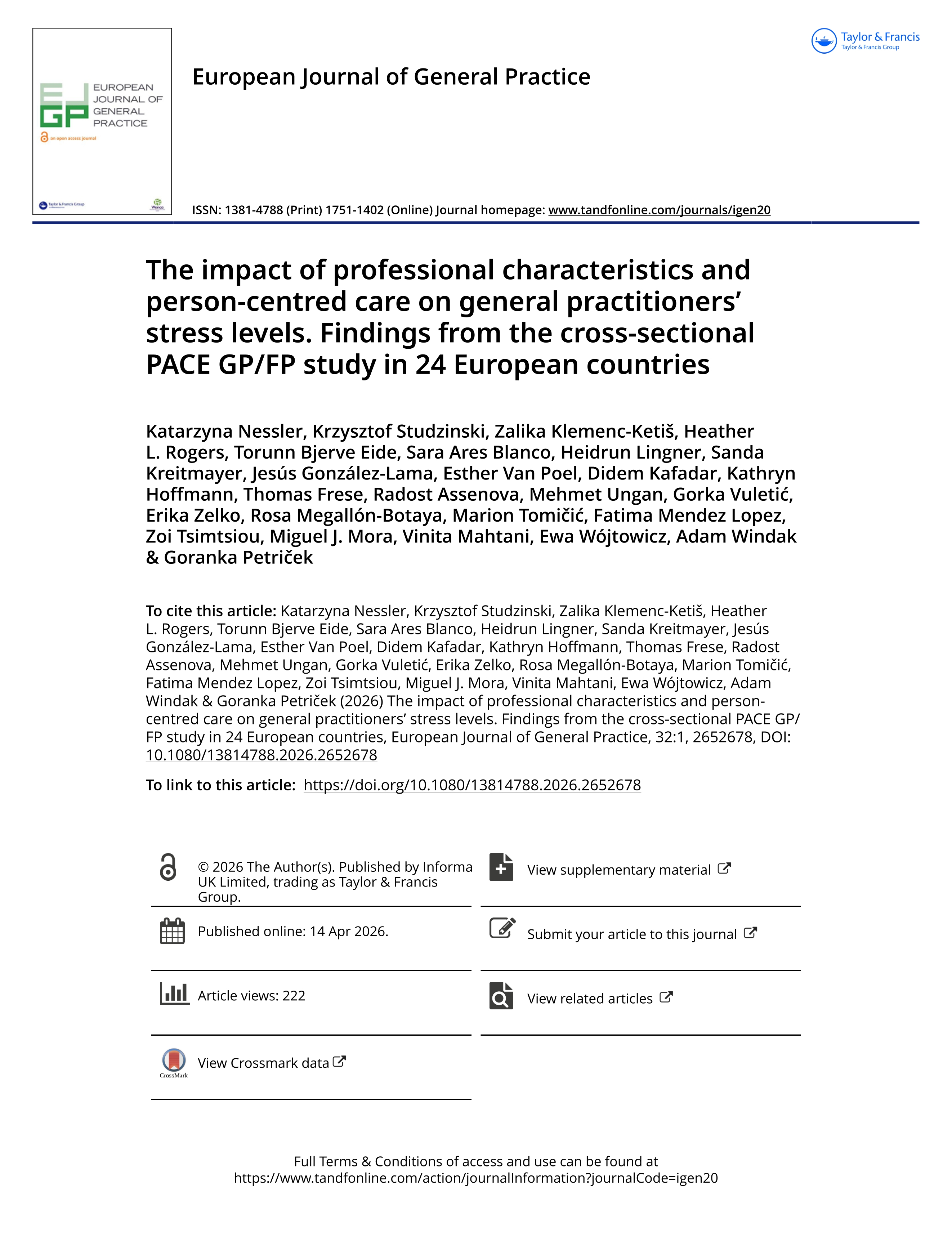 The impact of professional characteristics and person-centred care on general practitioners’ stress levels. Findings from the cross-sectional PACE GP/FP study in 24 European countries