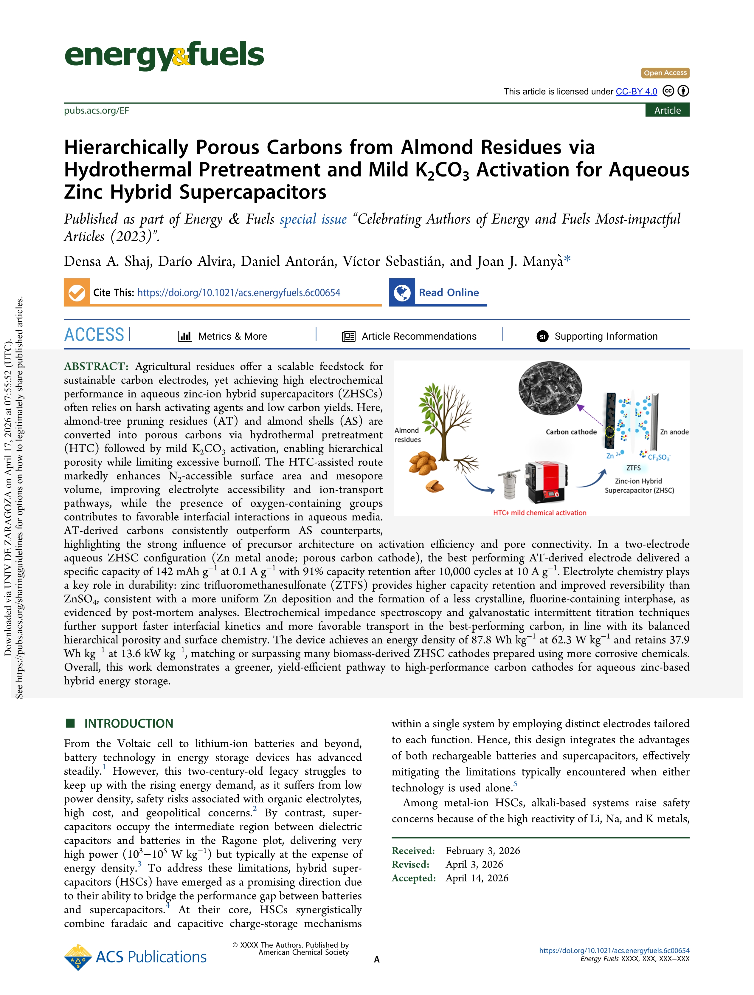 Hierarchically Porous Carbons from Almond Residues via Hydrothermal Pretreatment and Mild K2CO3 Activation for Aqueous Zinc Hybrid Supercapacitors