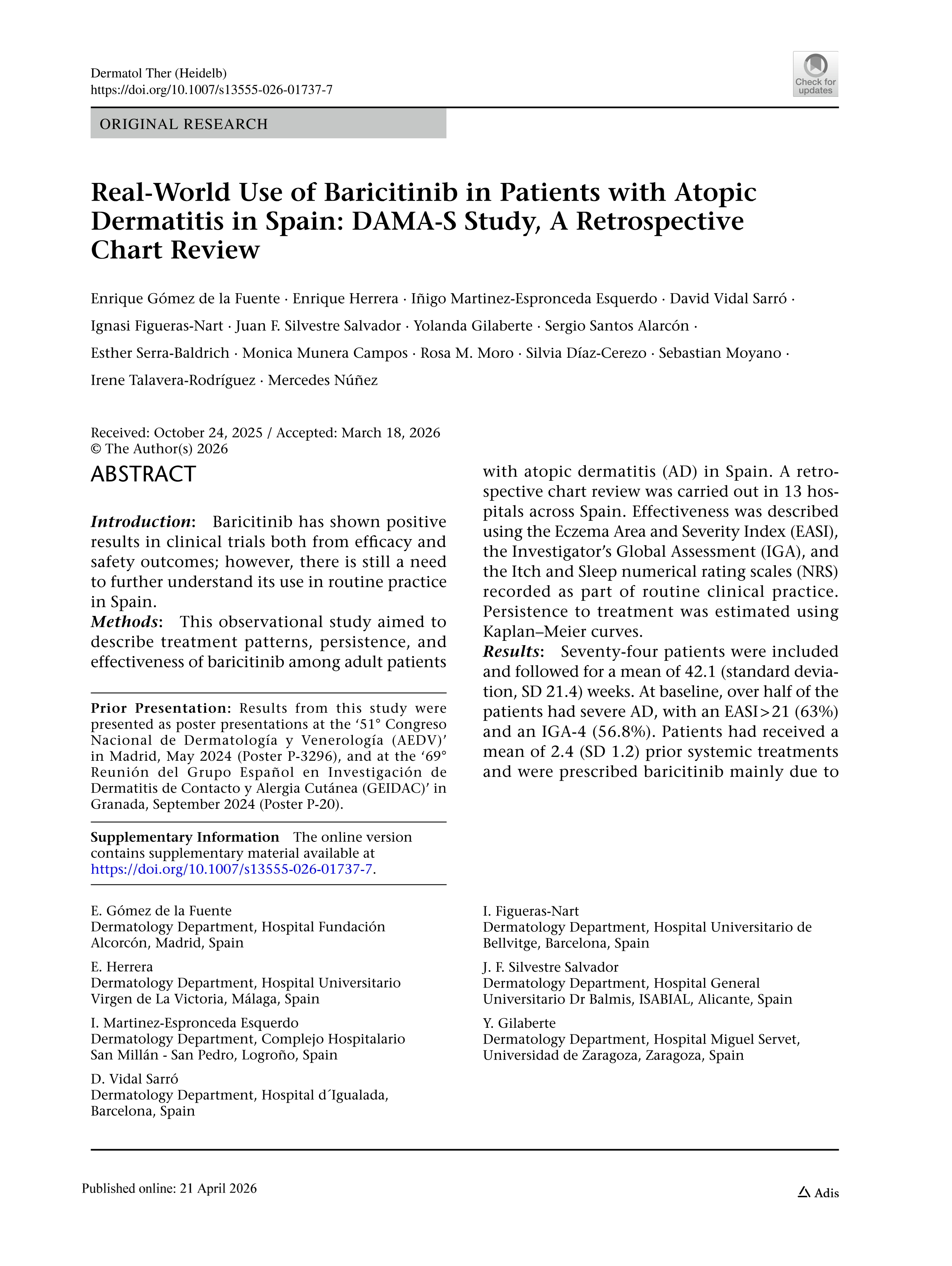 Real-World Use of Baricitinib in Patients with Atopic Dermatitis in Spain: DAMA-S Study, A Retrospective Chart Review