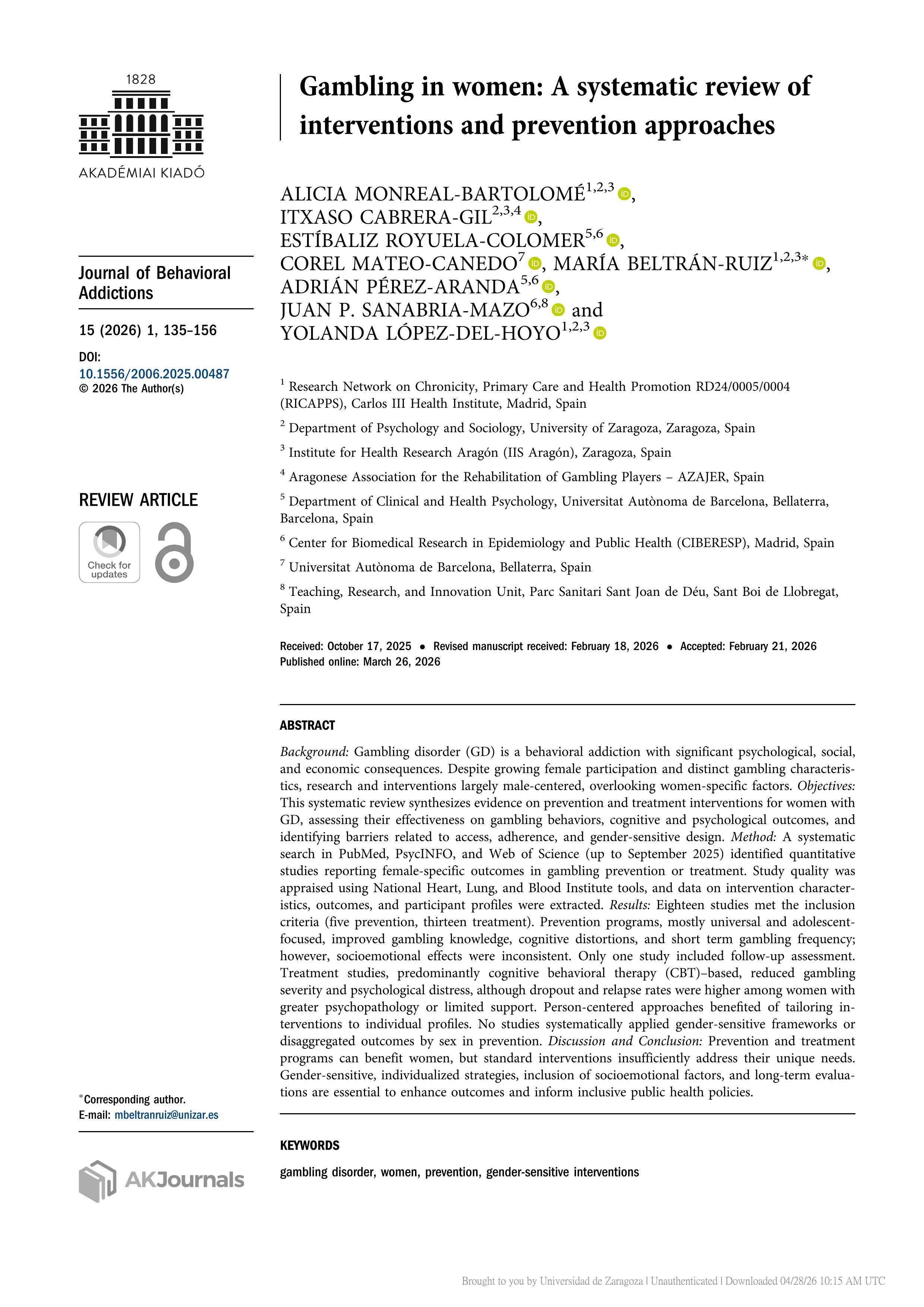 Gambling in women: A systematic review of interventions and prevention approaches