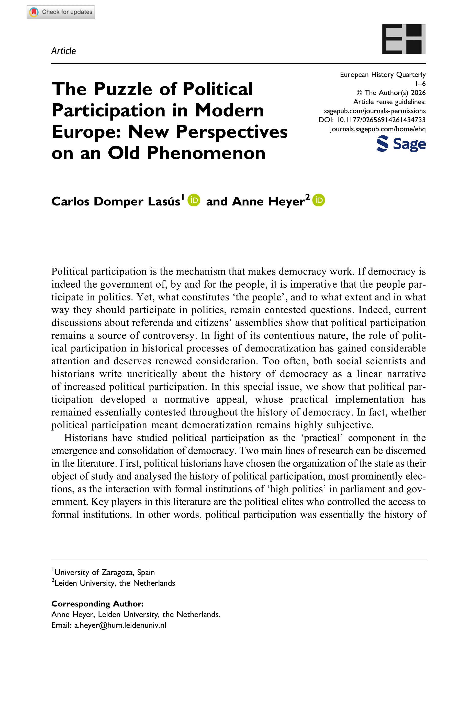 The Puzzle of Political Participation in Modern Europe: New Perspectives on an Old Phenomenon