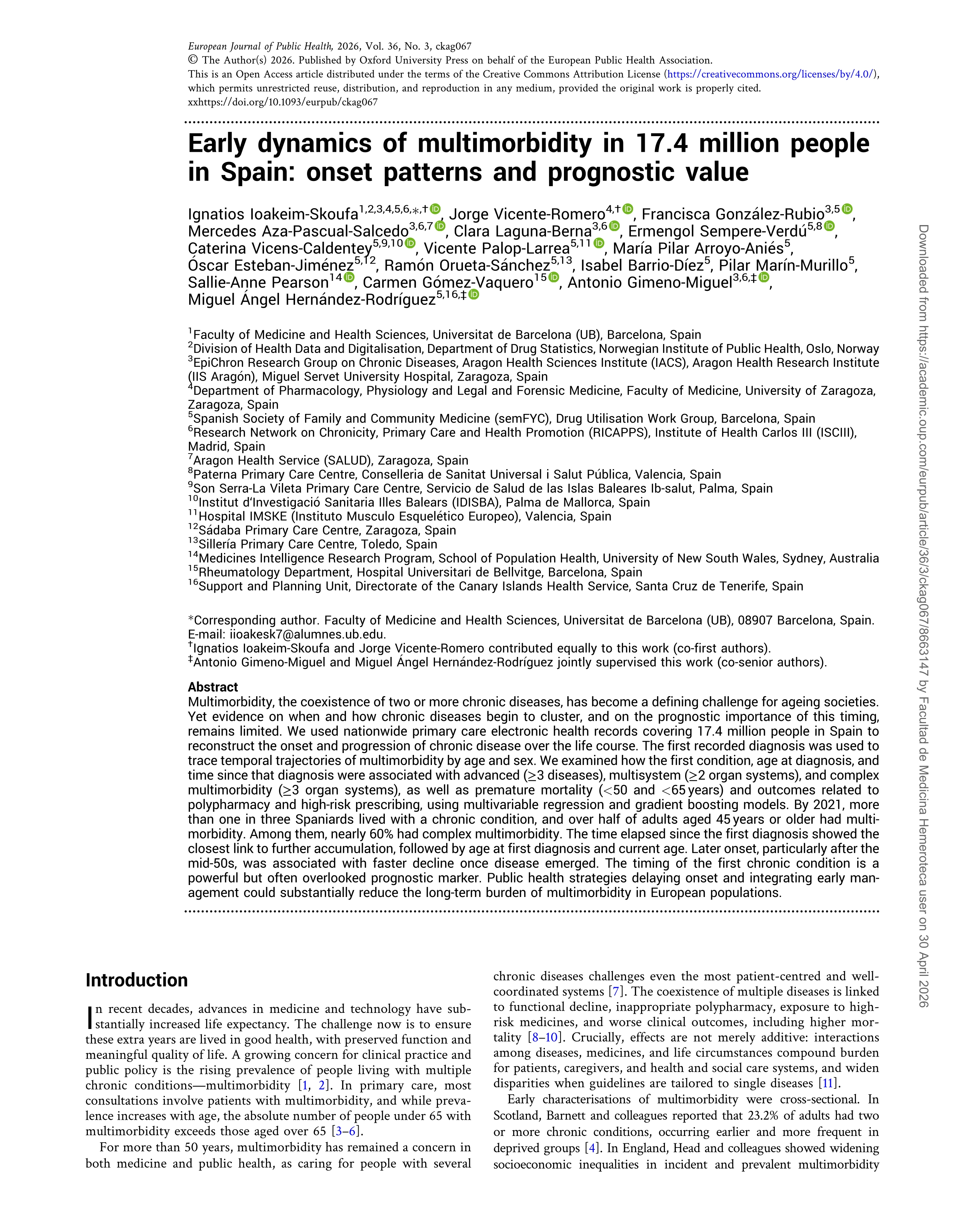 Early dynamics of multimorbidity in 17.4 million people in Spain: onset patterns and prognostic value