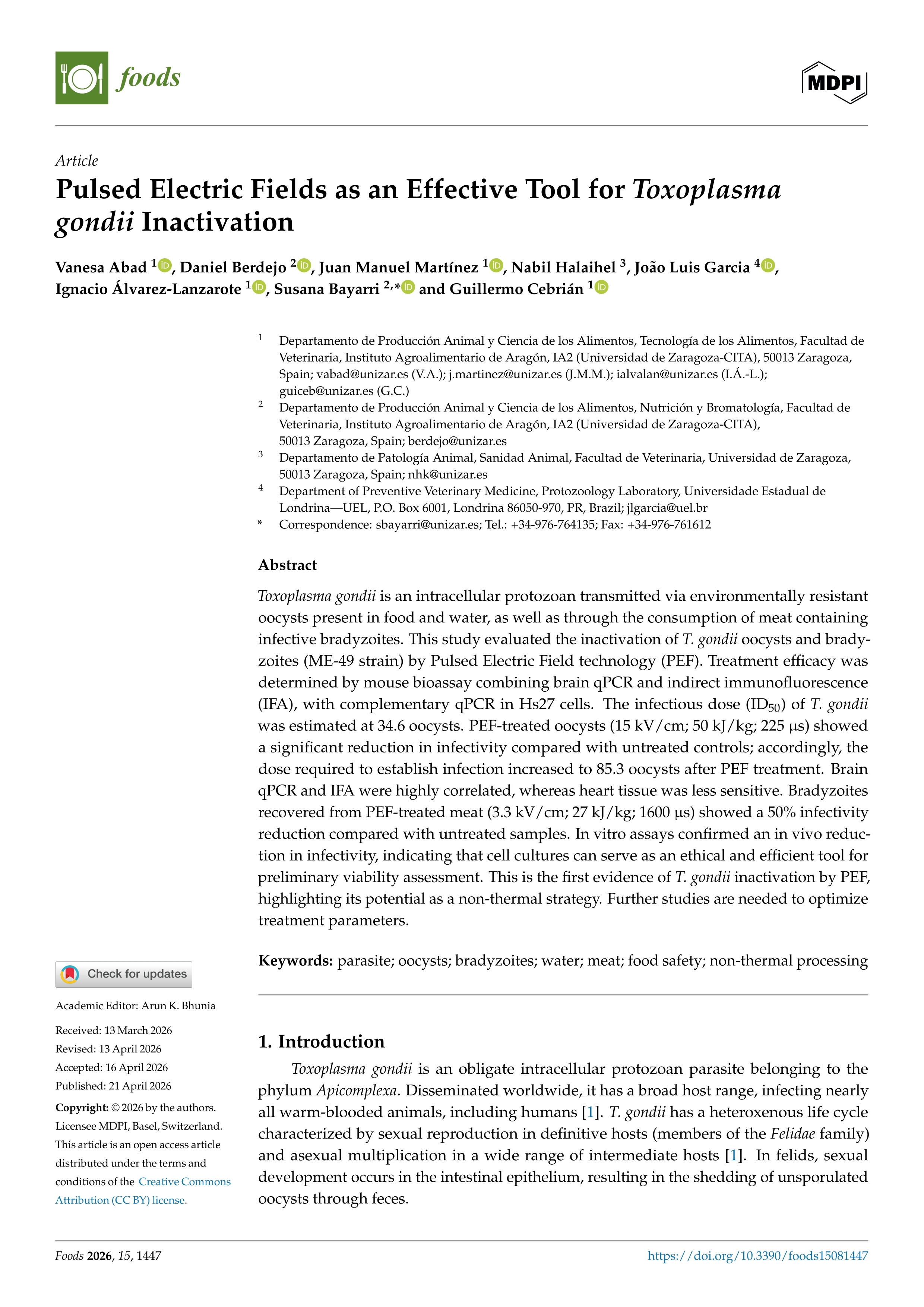 Pulsed Electric Fields as an Effective Tool for Toxoplasma gondii Inactivation