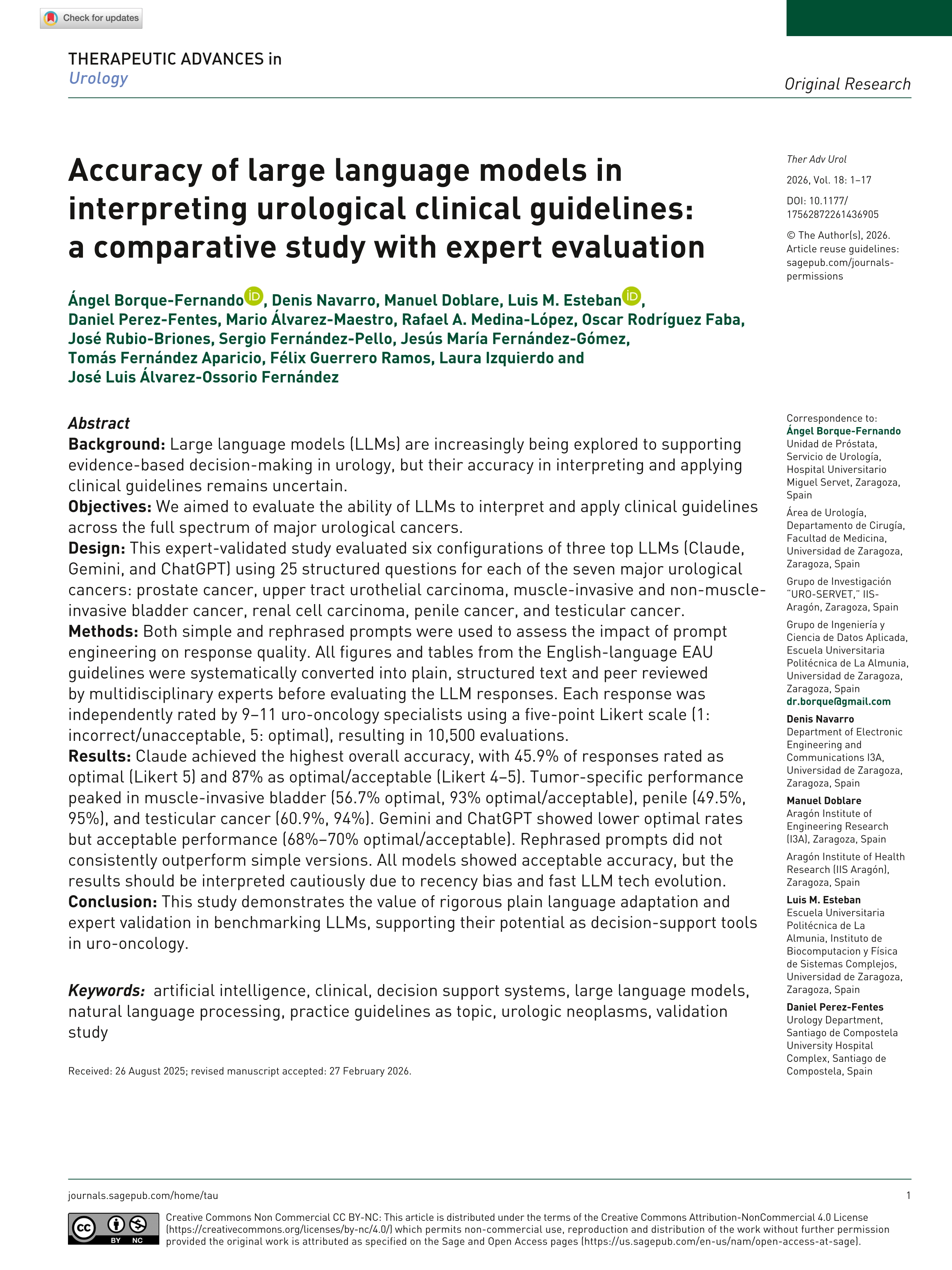Accuracy of large language models in interpreting urological clinical guidelines: a comparative study with expert evaluation
