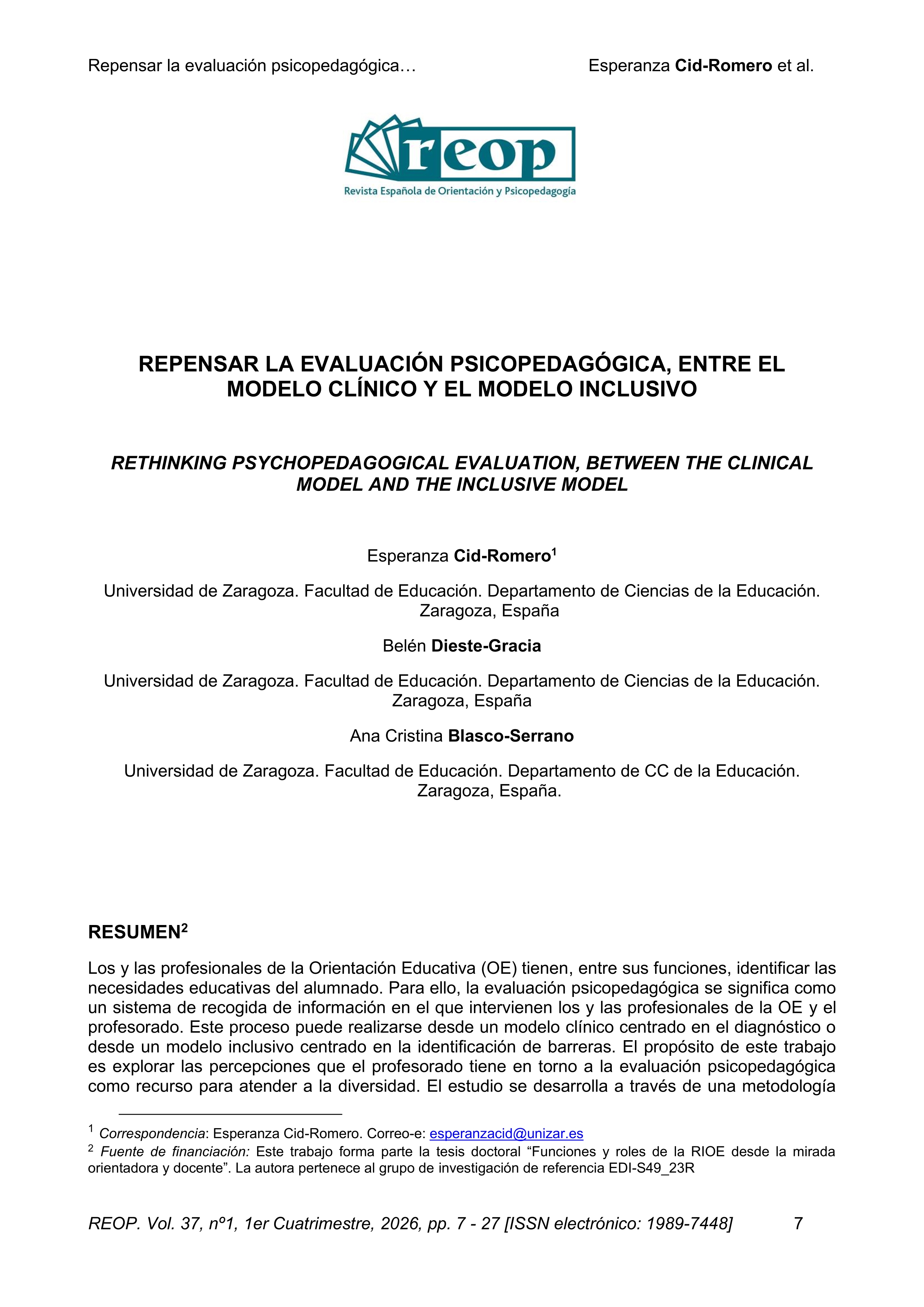 Repensar la evaluación psicopedagógica, entre el modelo clínico y el modelo inclusivo