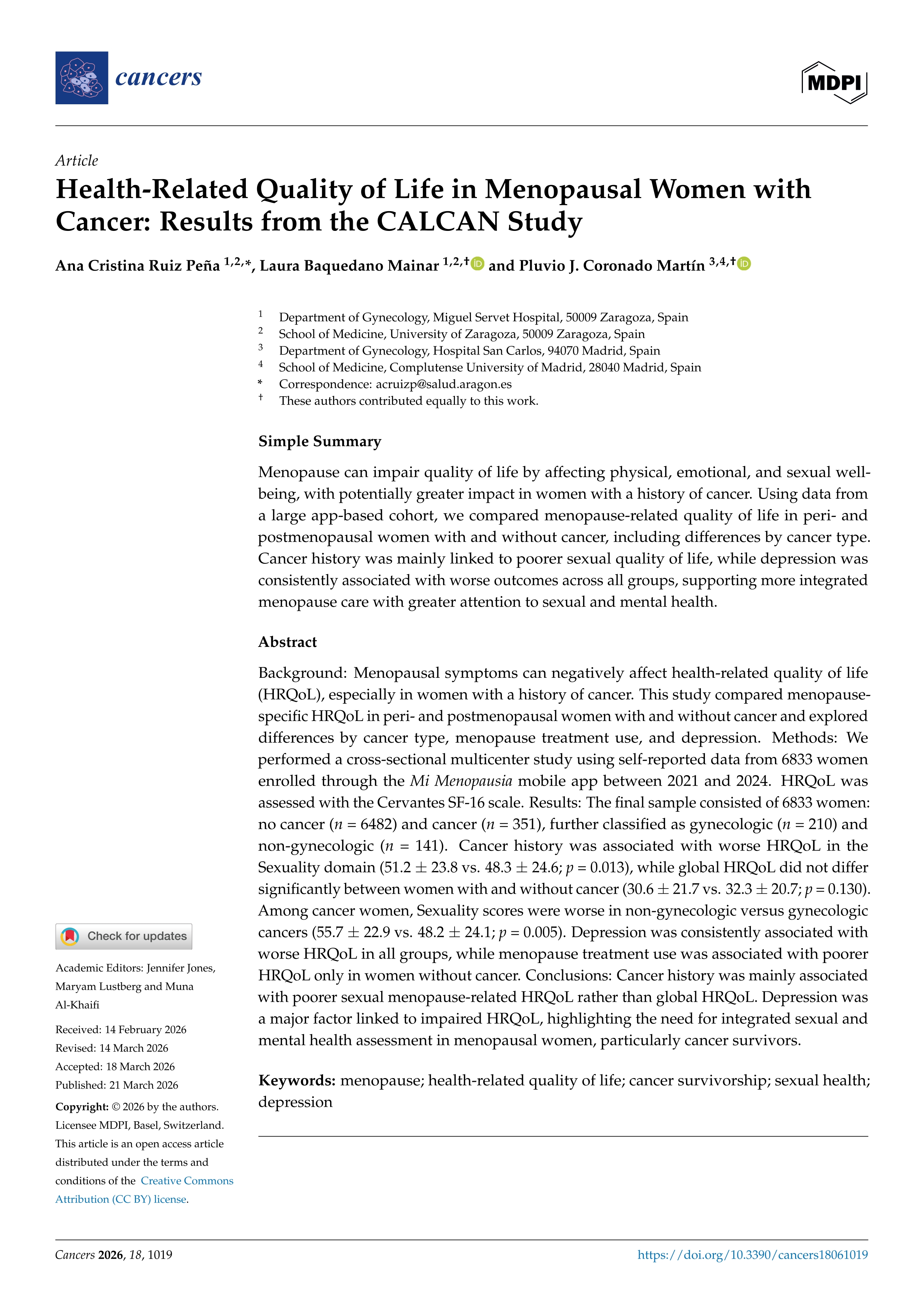 Health-Related Quality of Life in Menopausal Women with Cancer: Results from the CALCAN Study