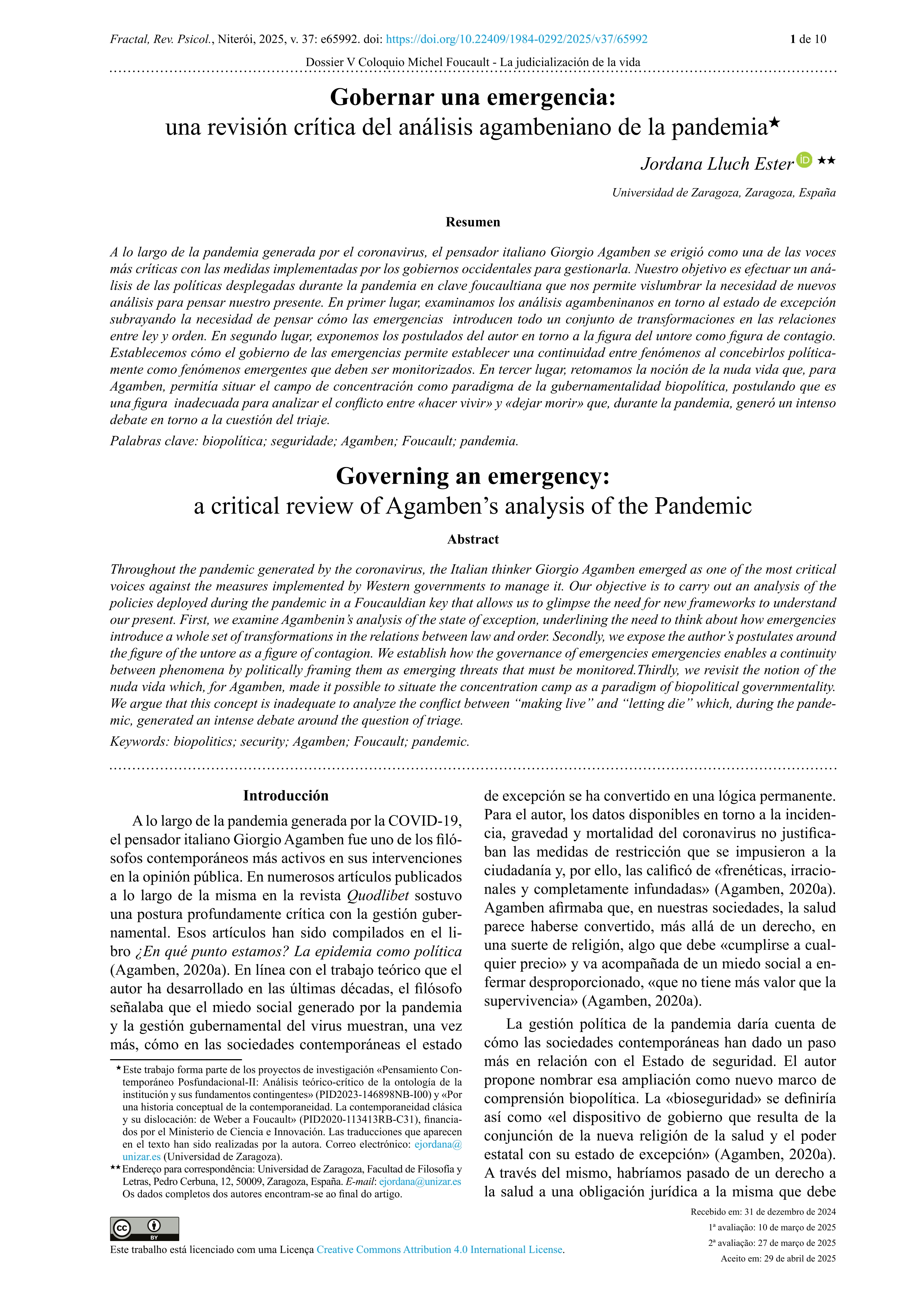 Gobernar una emergencia: una revisión crítica del análisis agambeniano de la pandemia