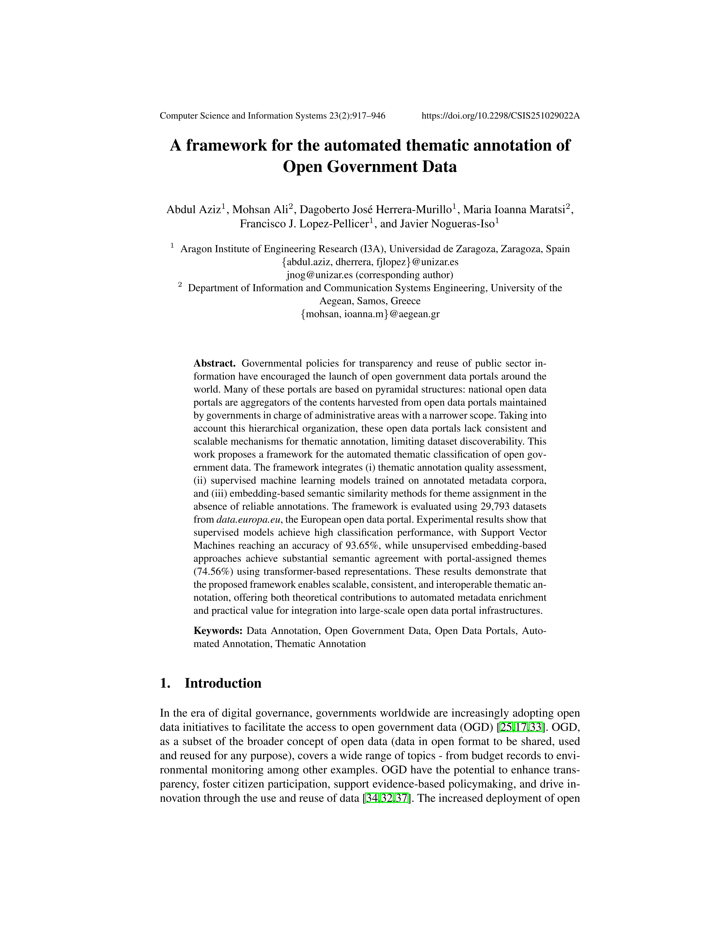 A framework for the automated thematic annotation of open government data
