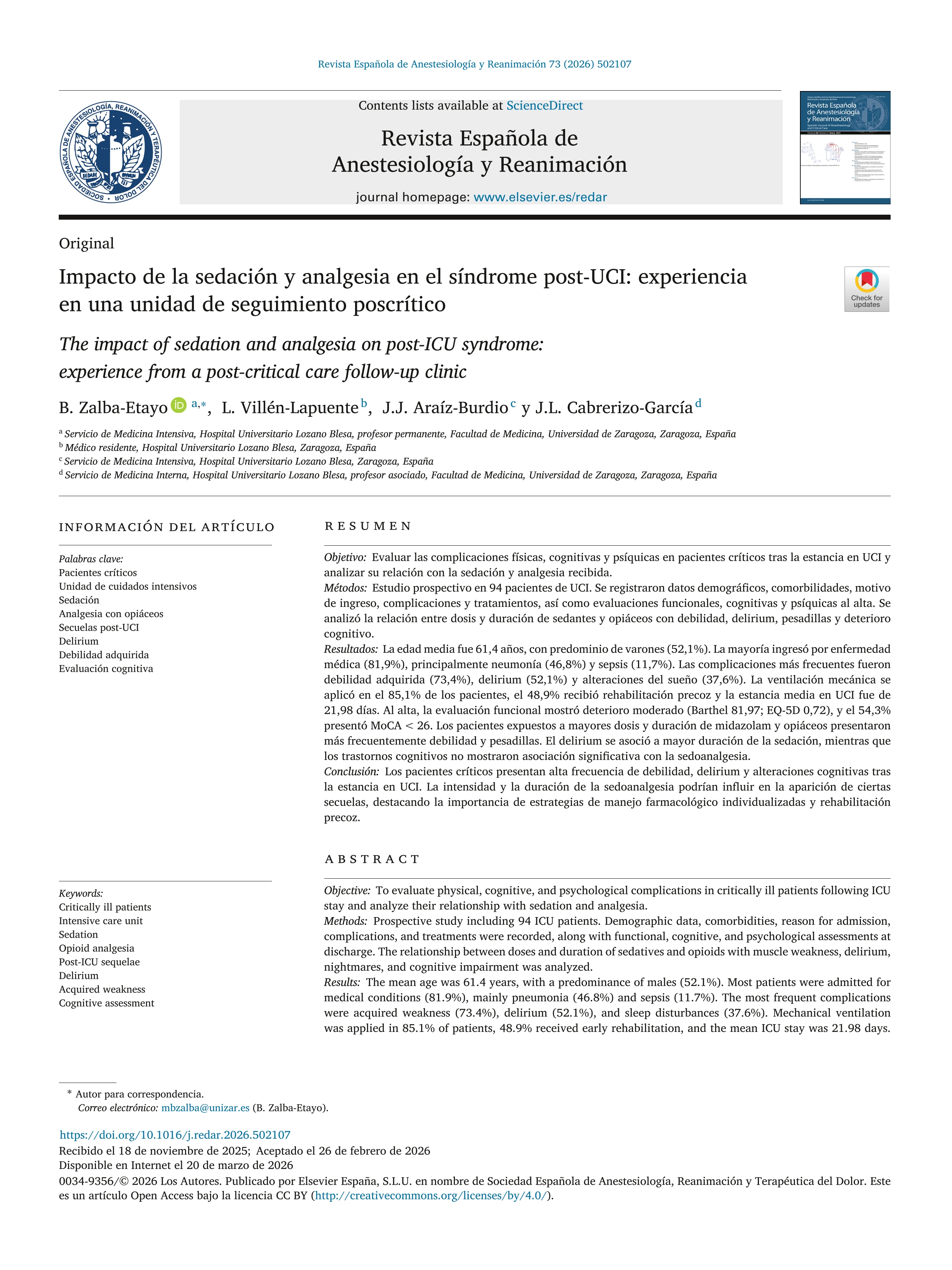 Impacto de la sedación y analgesia en el síndrome post-UCI: experiencia en una unidad de seguimiento poscrítico