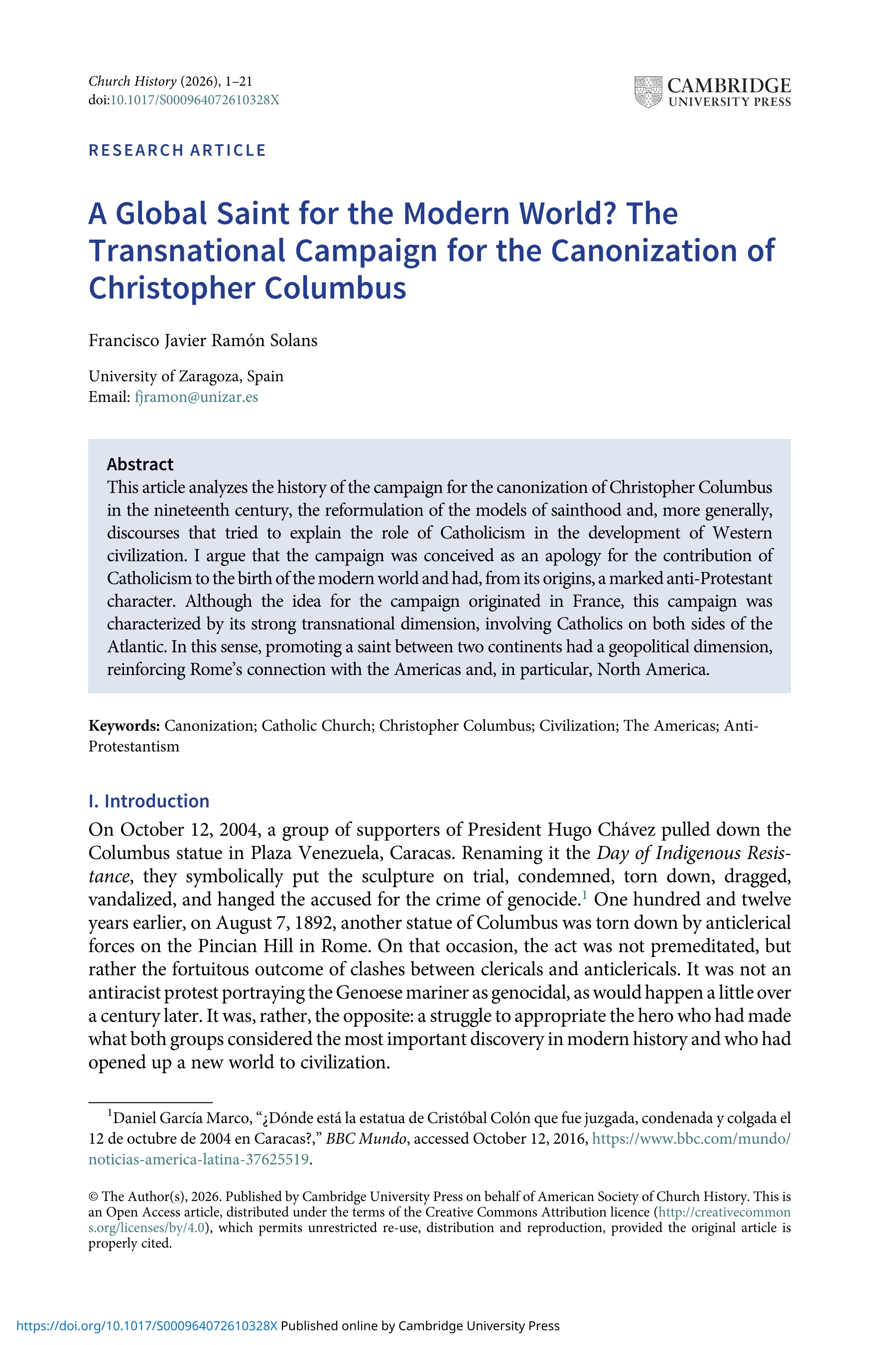 A global saint for the modern world? the transnational campaign for the canonization of Christopher Columbus