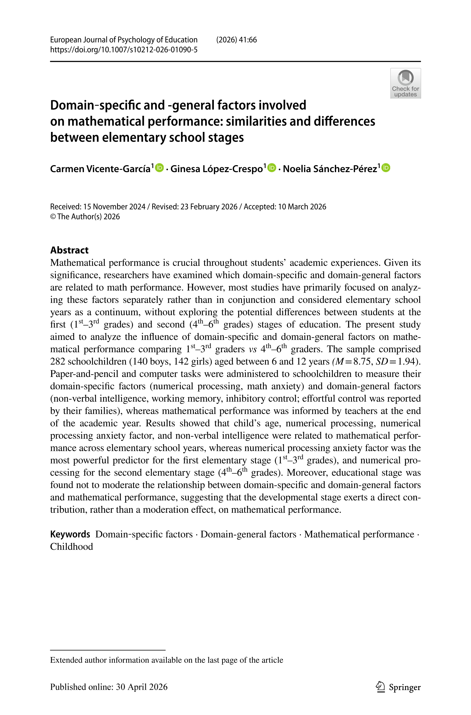 Domain‐specific and ‑general factors involved on mathematical performance: similarities and differences between elementary school stages