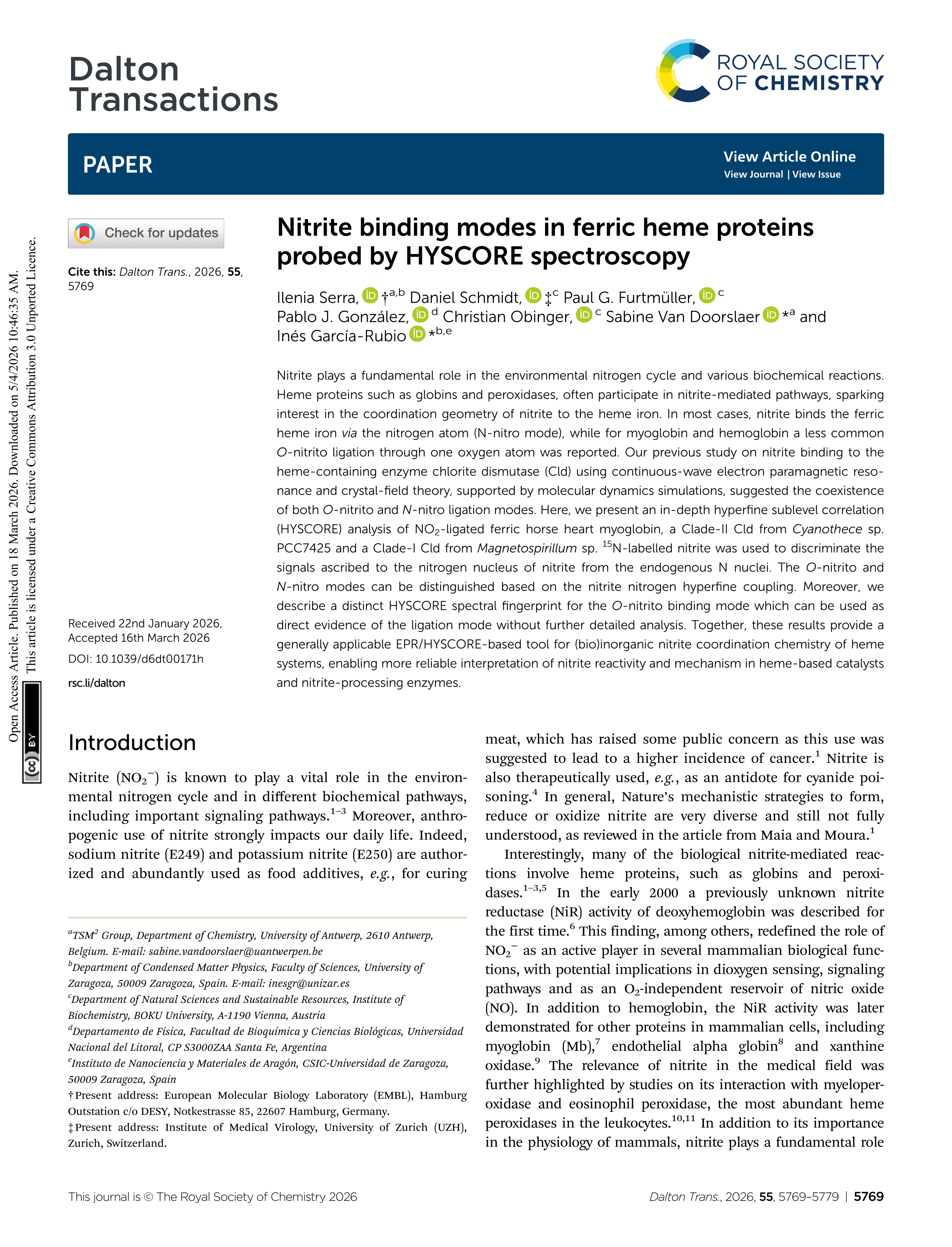 Nitrite binding modes in ferric heme proteins probed by HYSCORE spectroscopy