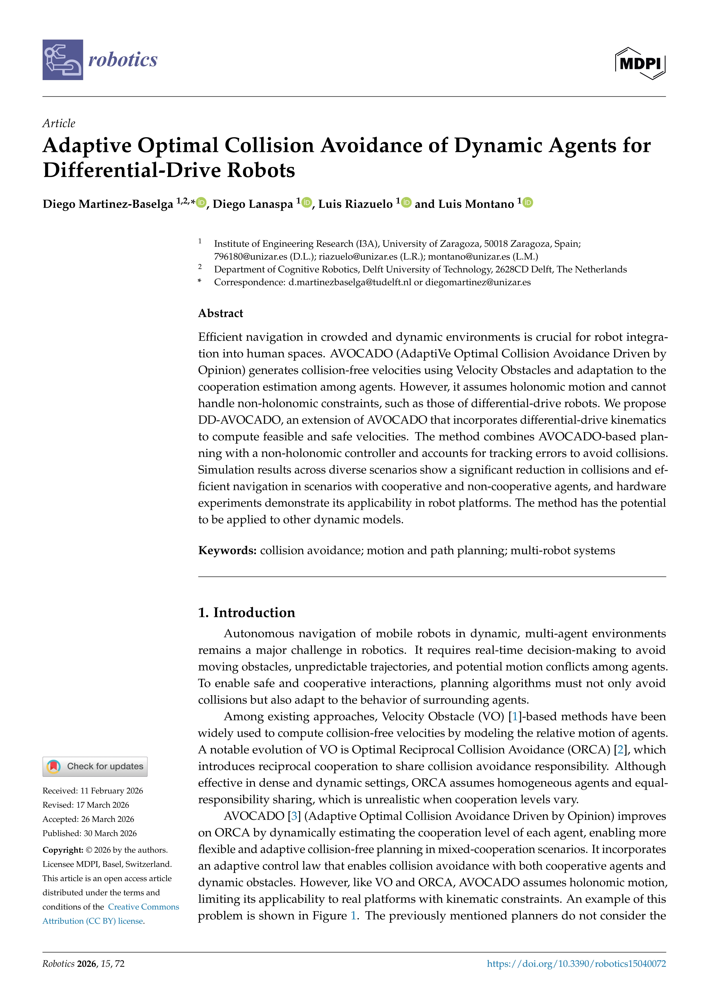 Adaptive Optimal Collision Avoidance of Dynamic Agents for Differential-Drive Robots