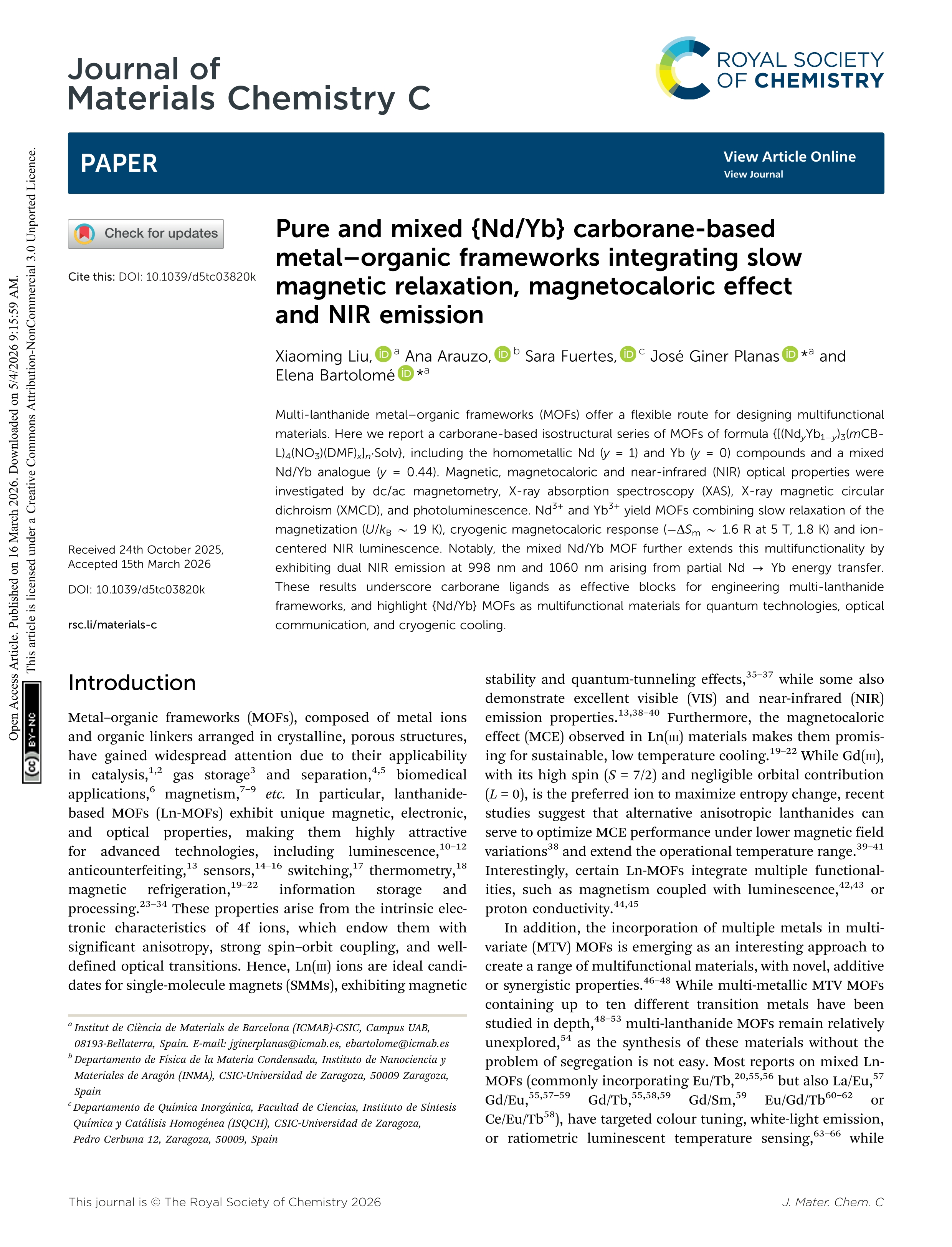 Pure and mixed {Nd/Yb} carborane-based metal–organic frameworks integrating slow magnetic relaxation, magnetocaloric effect and NIR emission