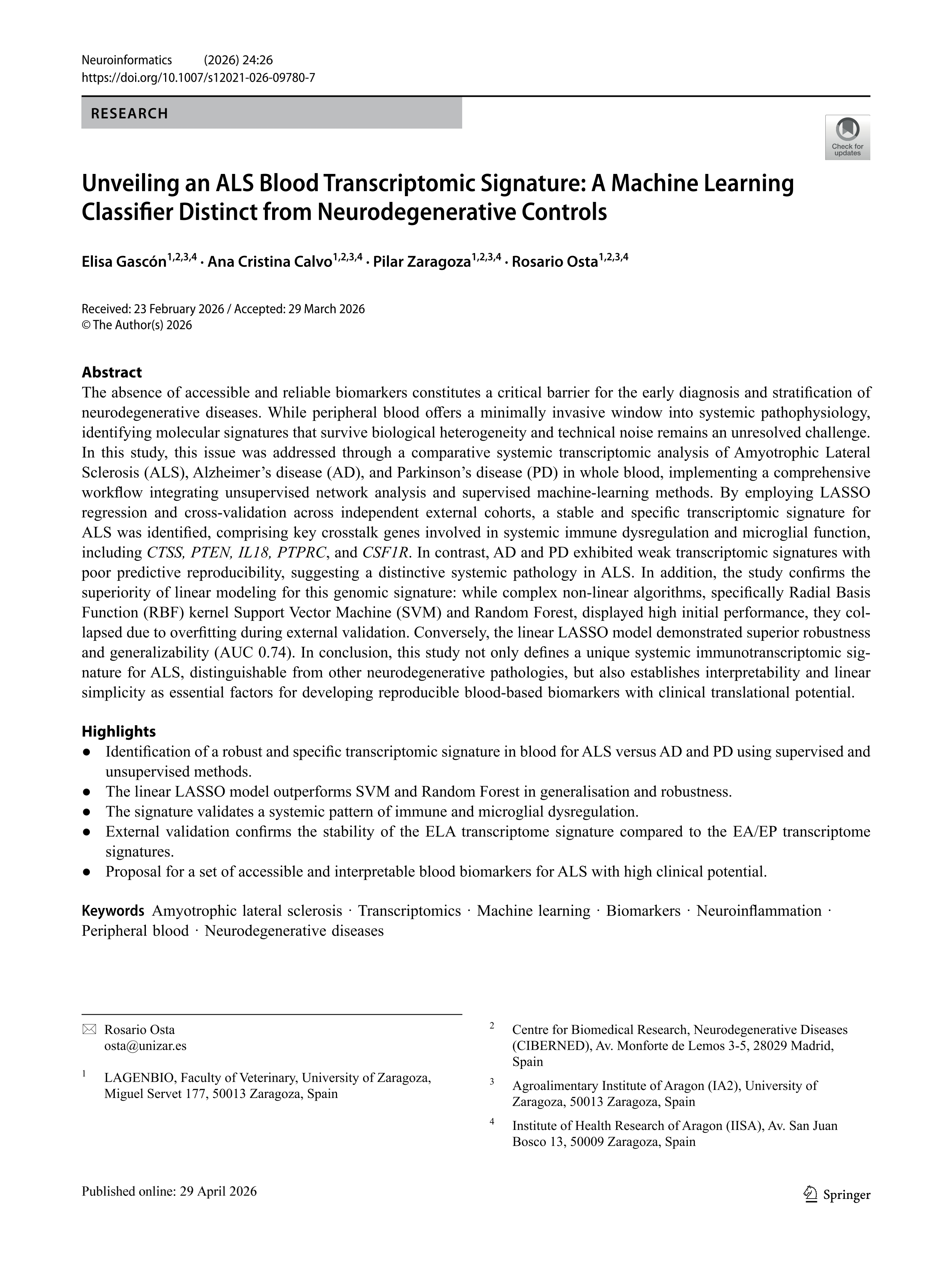 Unveiling an als blood transcriptomic signature: a machine learning classifier distinct from neurodegenerative controls