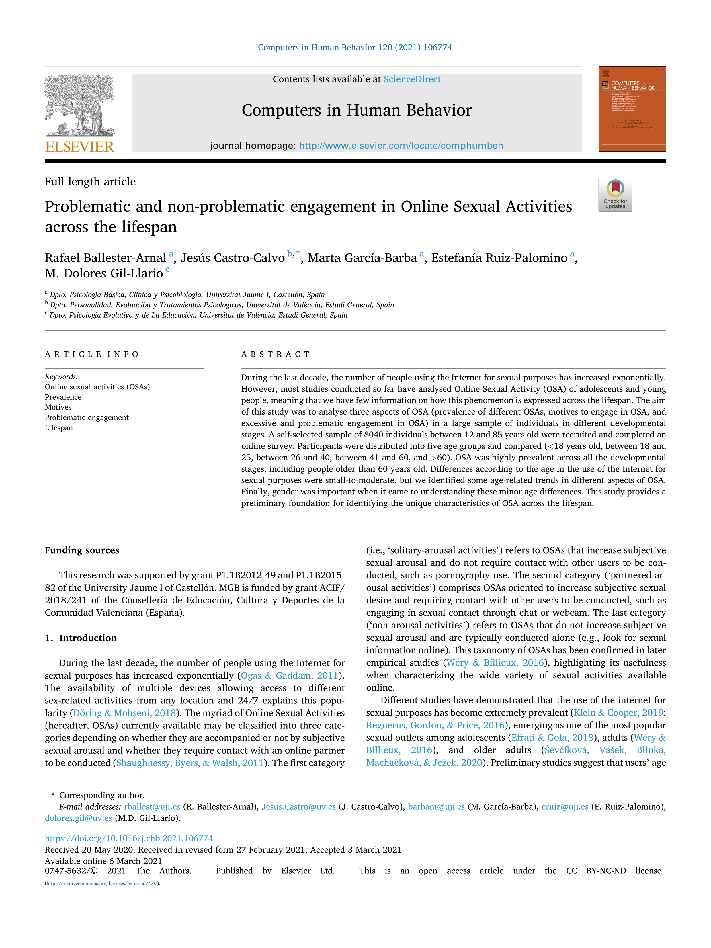 Problematic and non-problematic engagement in Online Sexual Activities across the lifespan