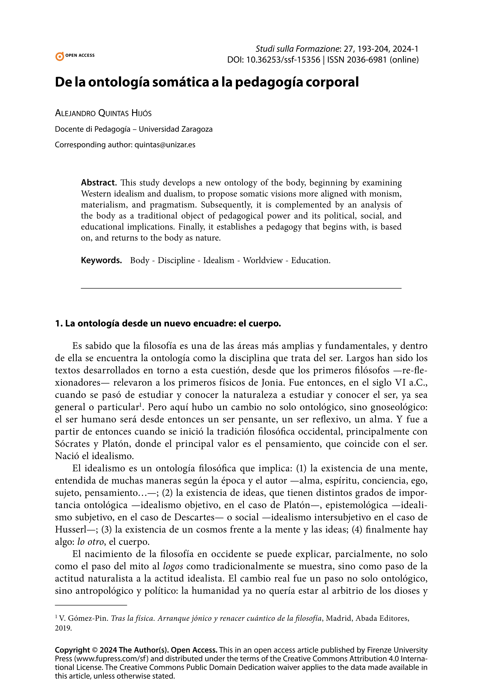 De la ontología somática a la pedagogía corporal