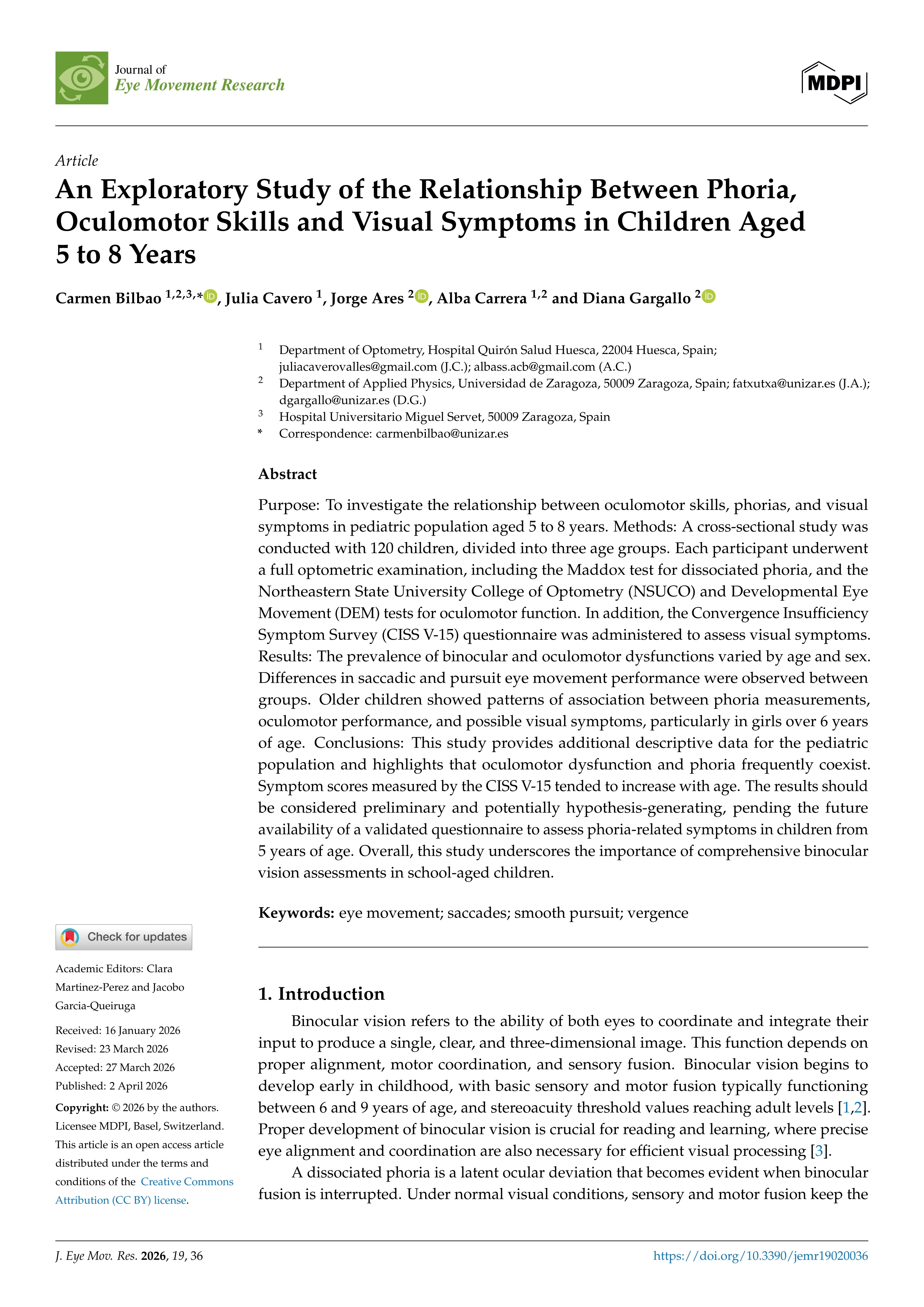 An Exploratory Study of the Relationship Between Phoria, Oculomotor Skills and Visual Symptoms in Children Aged 5 to 8 Years