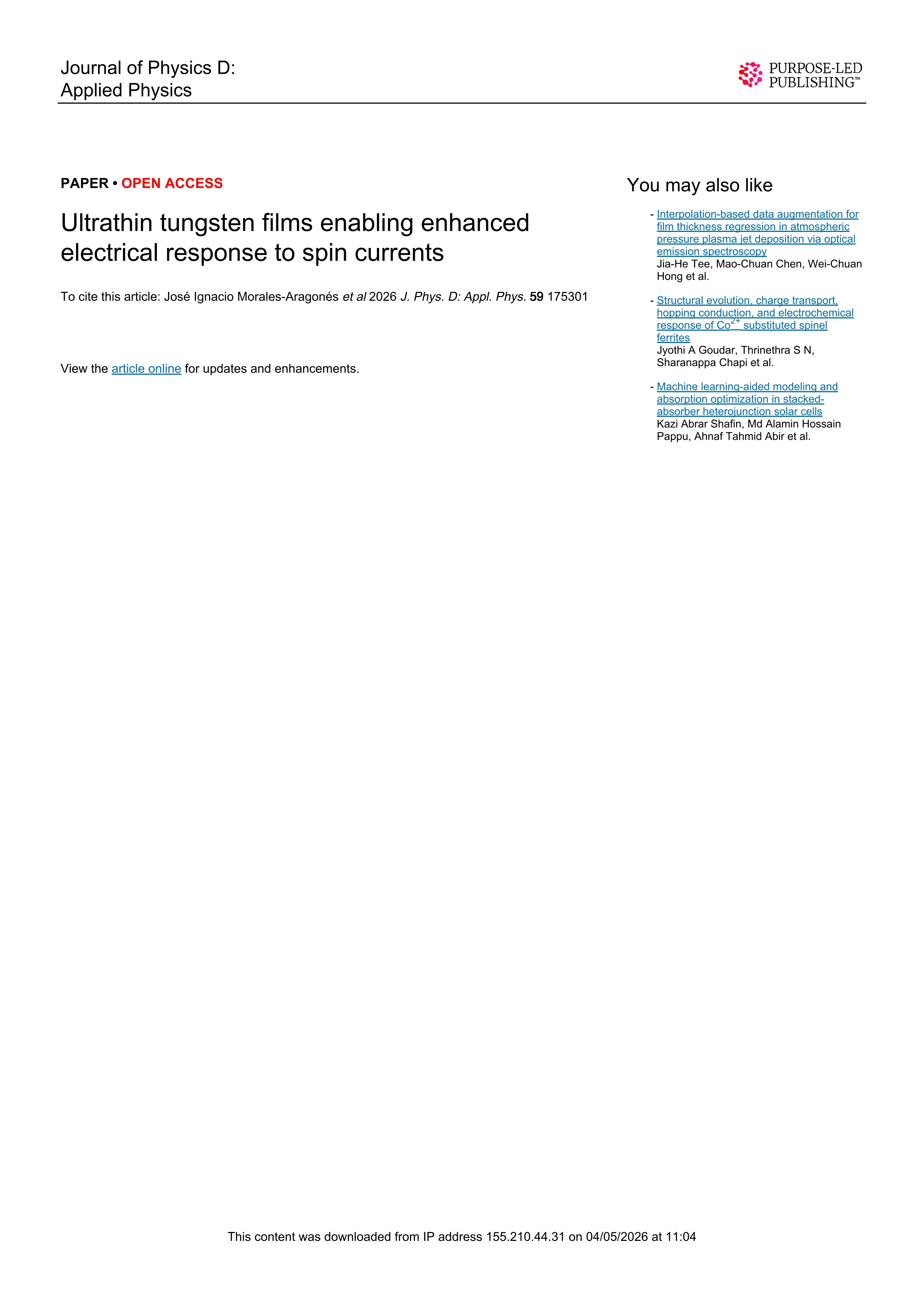 Ultrathin tungsten films enabling enhanced electrical response to spin currents