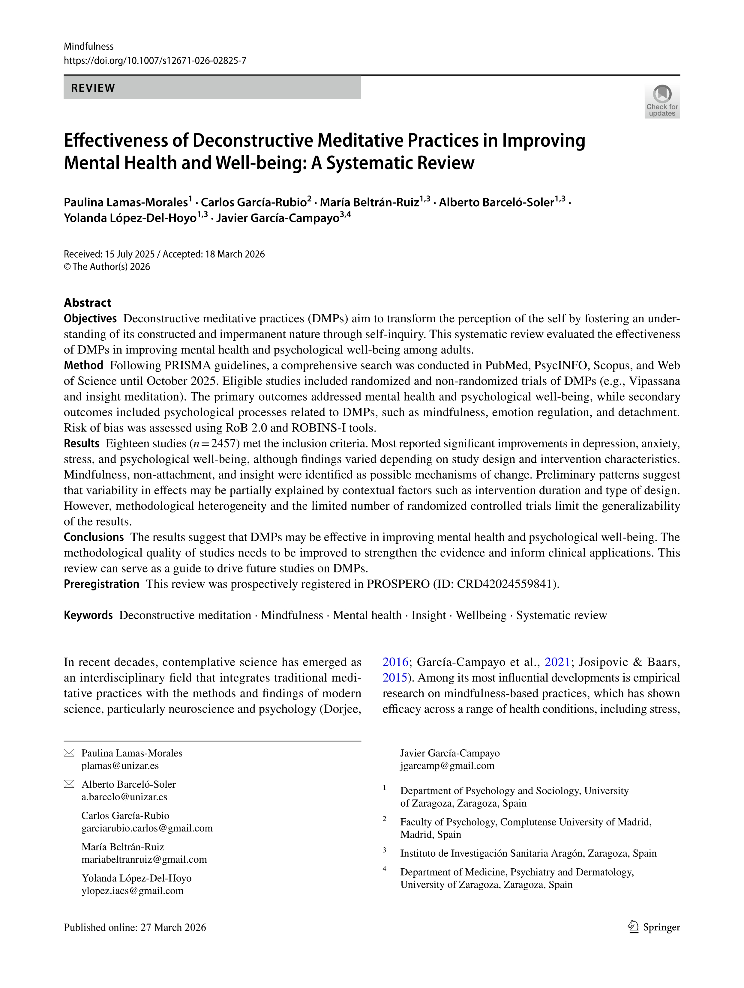 Effectiveness of deconstructive meditative practices in improving mental health and well-being: a systematic review