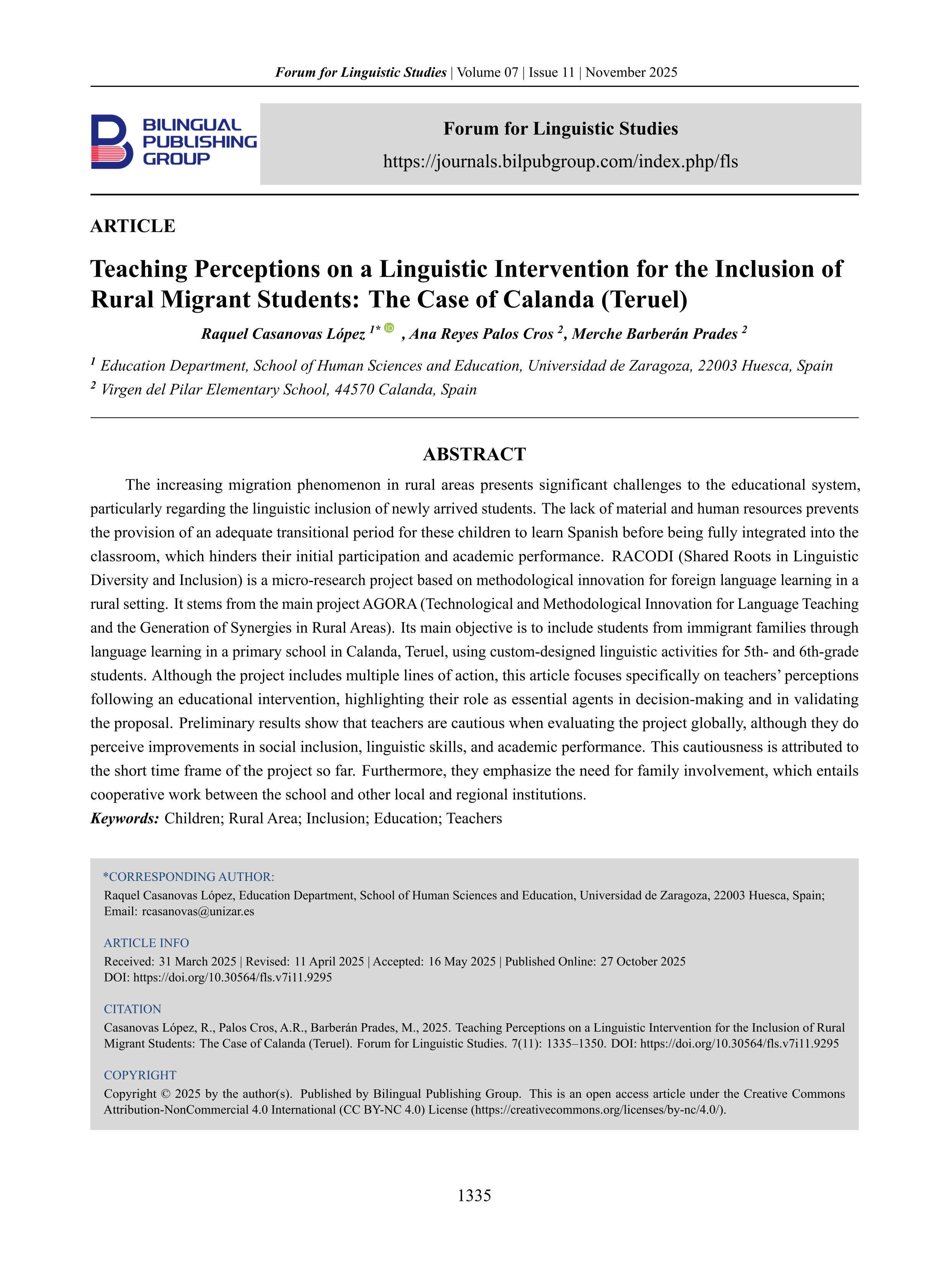 Teaching Perceptions on a Linguistic Intervention for the Inclusion of Rural Migrant Students: The Case of Calanda (Teruel)