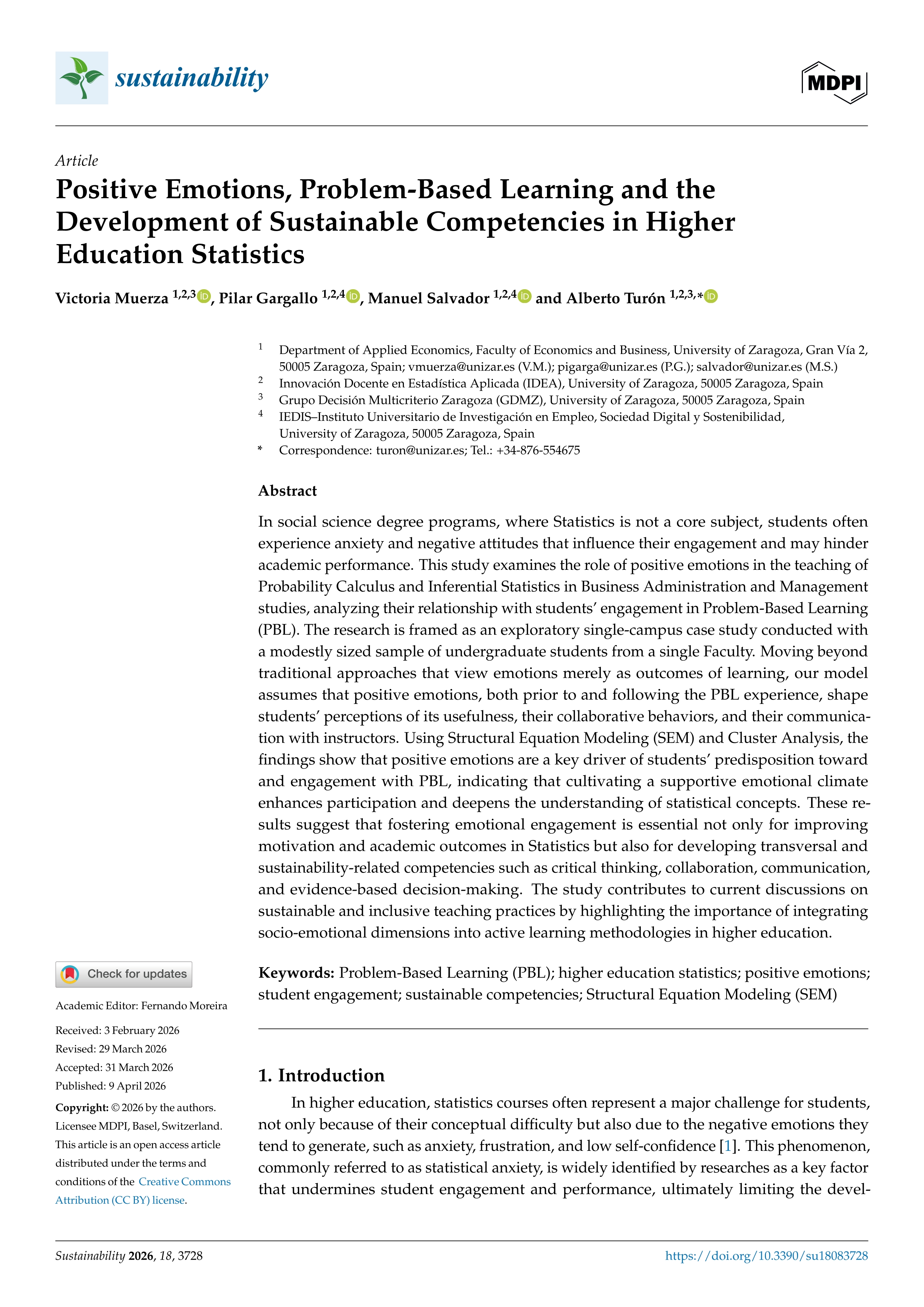 Positive emotions, problem-based learning and the development of sustainable competencies in higher education statistics