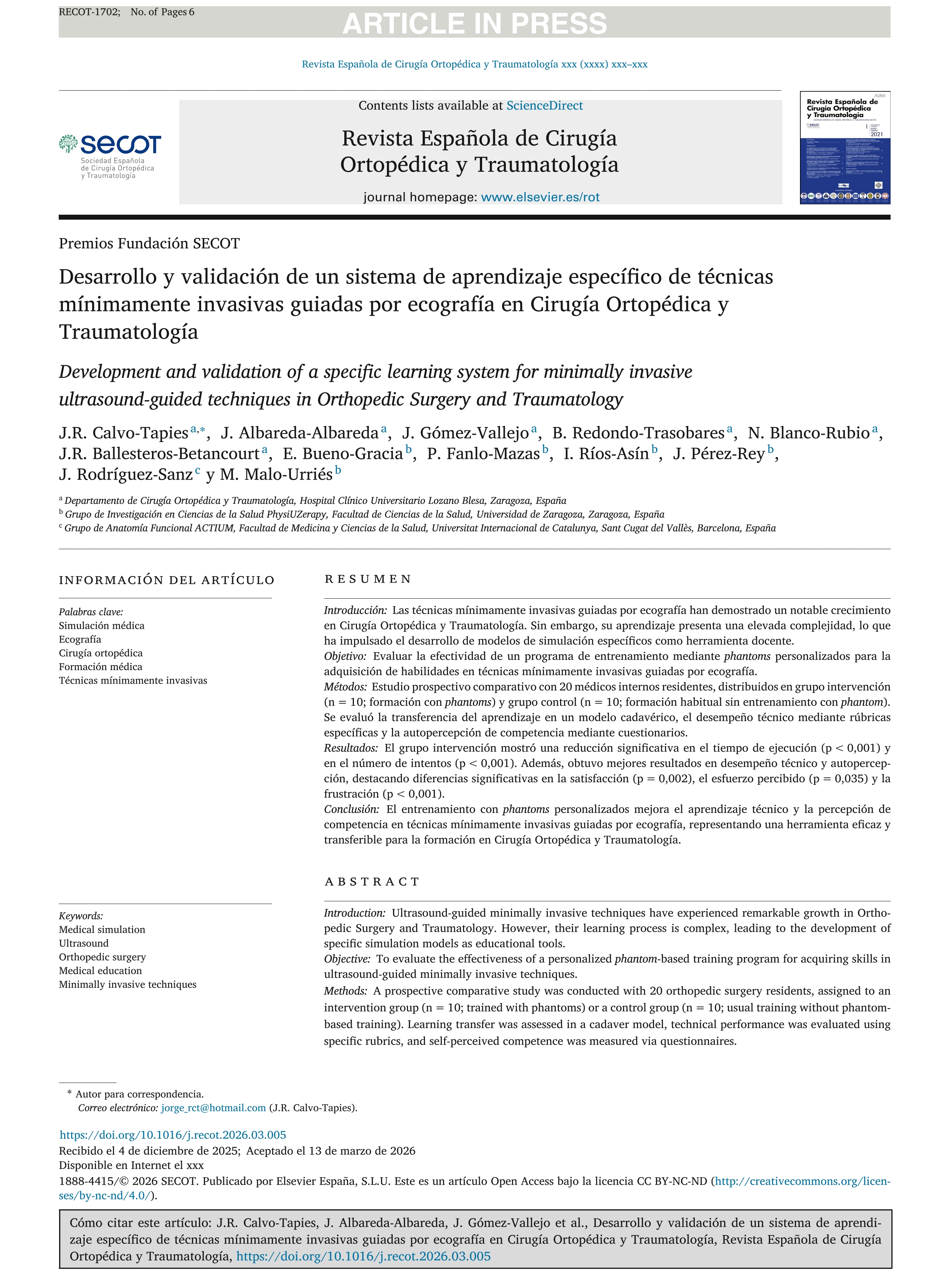 Desarrollo y validación de un sistema de aprendizaje específico de técnicas mínimamente invasivas guiadas por ecografía en Cirugía Ortopédica y Traumatología