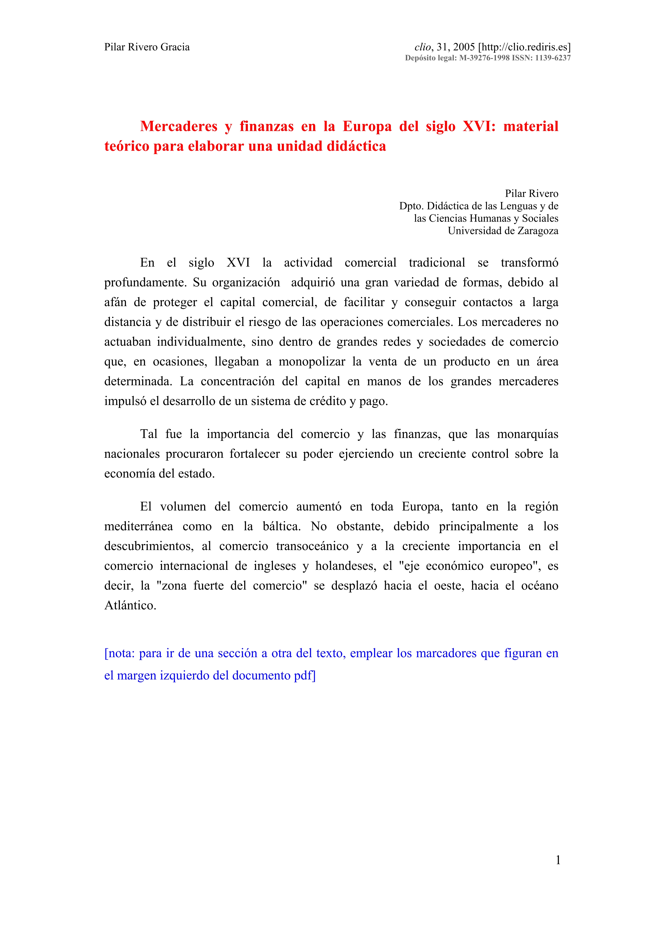 Mercaderes y finanzas en la Europa del siglo XVI: material teórico para elaborar una unidad didáctica
