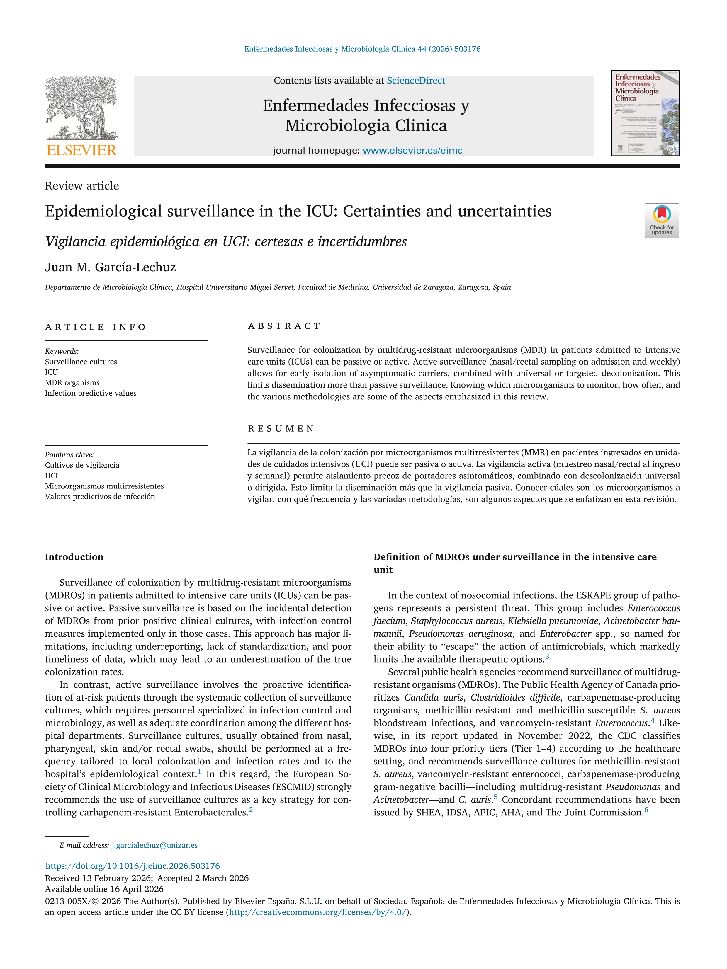 Epidemiological surveillance in the ICU: Certainties and uncertainties
