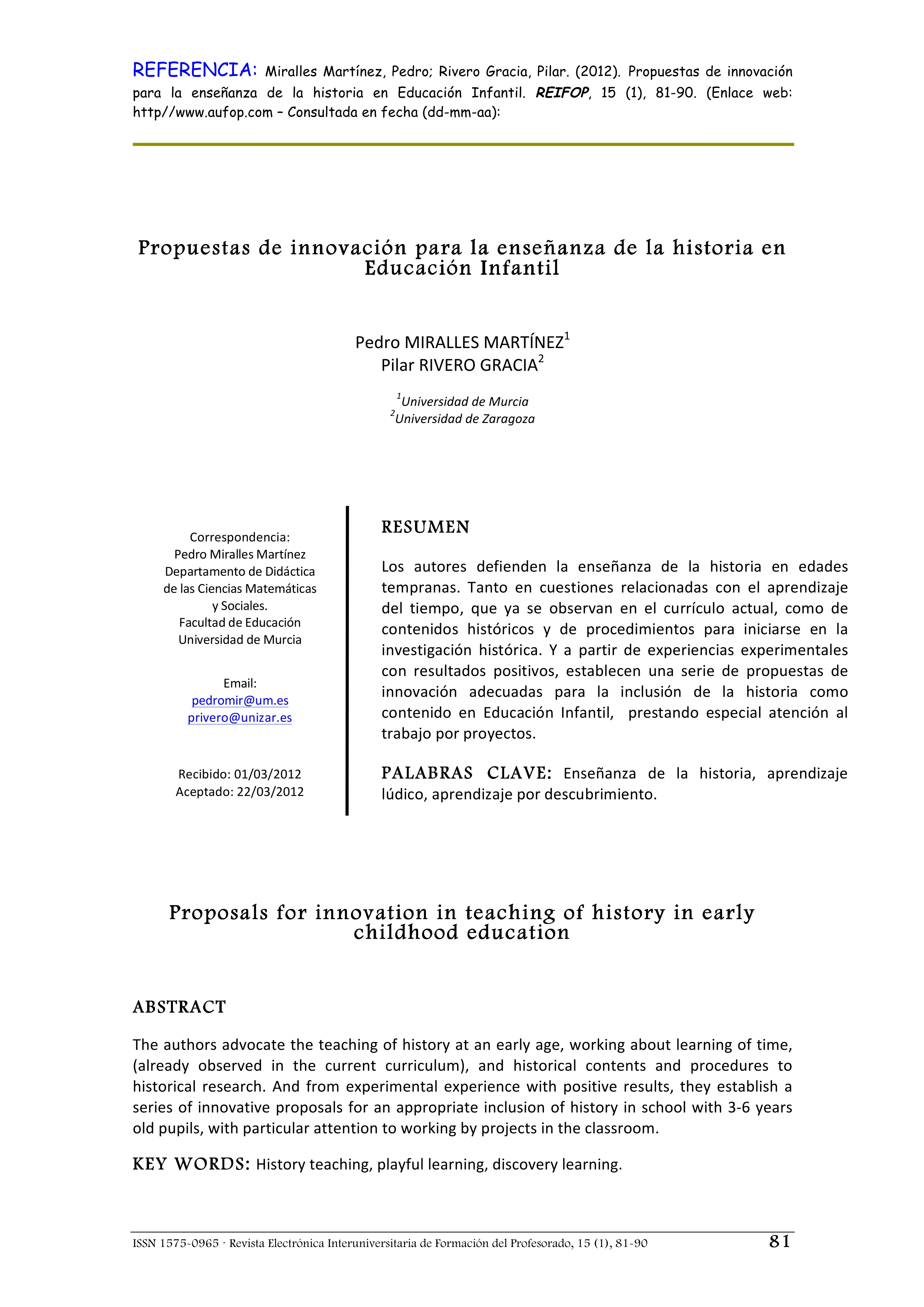 Propuestas de innovación para la enseñanza de la historia en Educación Infantil