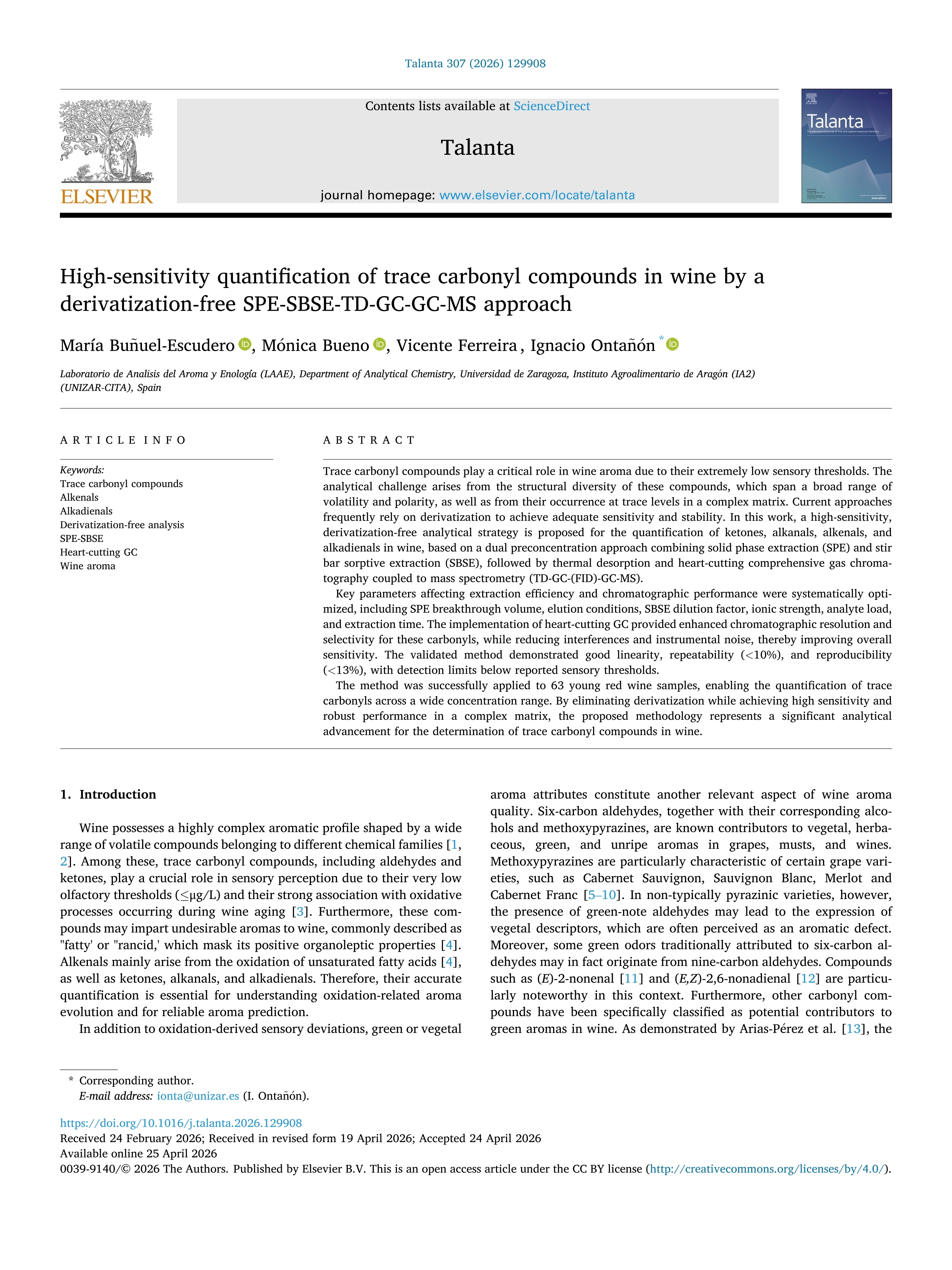 High-sensitivity quantification of trace carbonyl compounds in wine by a derivatization-free SPE-SBSE-TD-GC-GC-MS approach