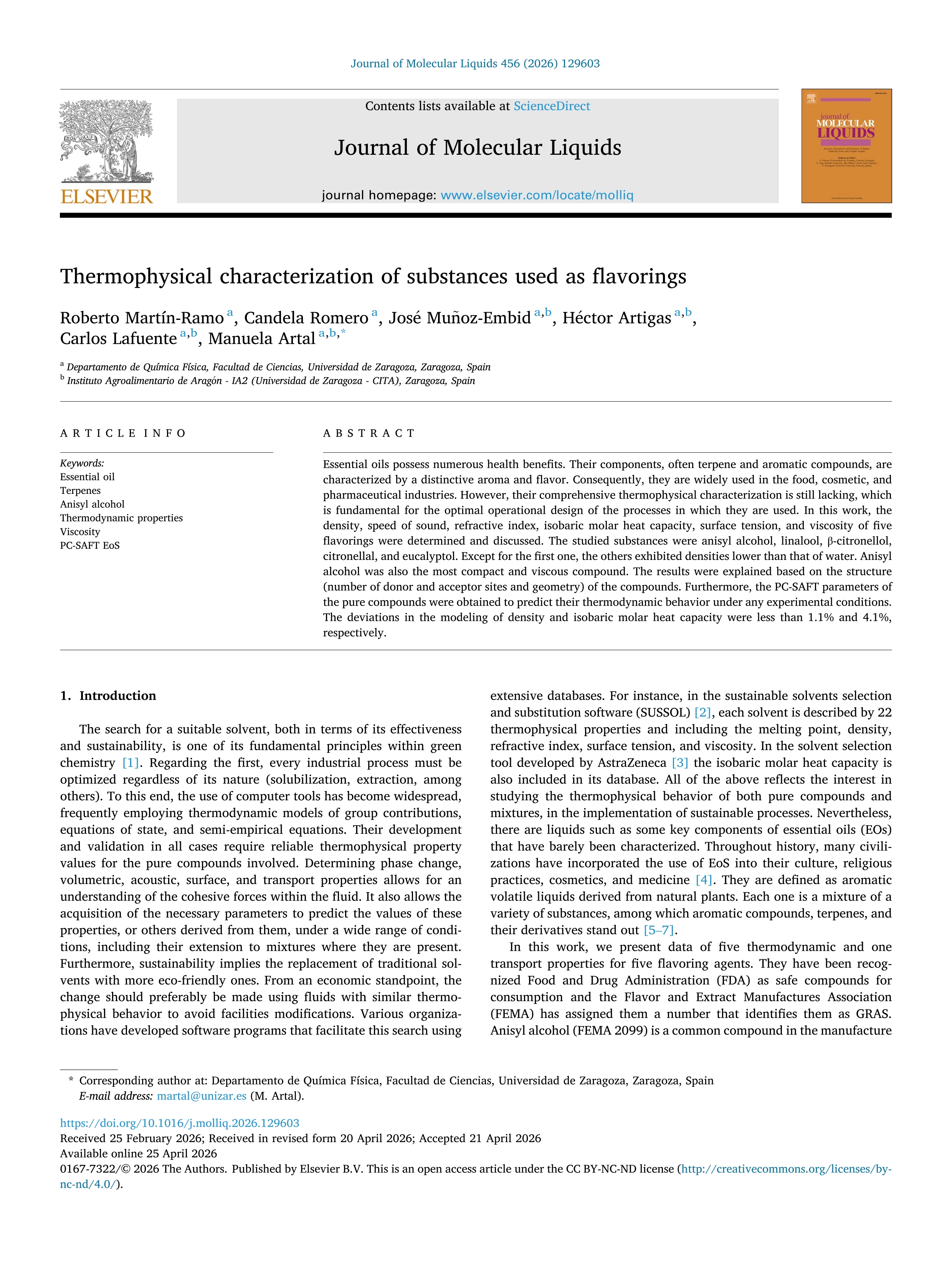 Thermophysical characterization of substances used as flavorings