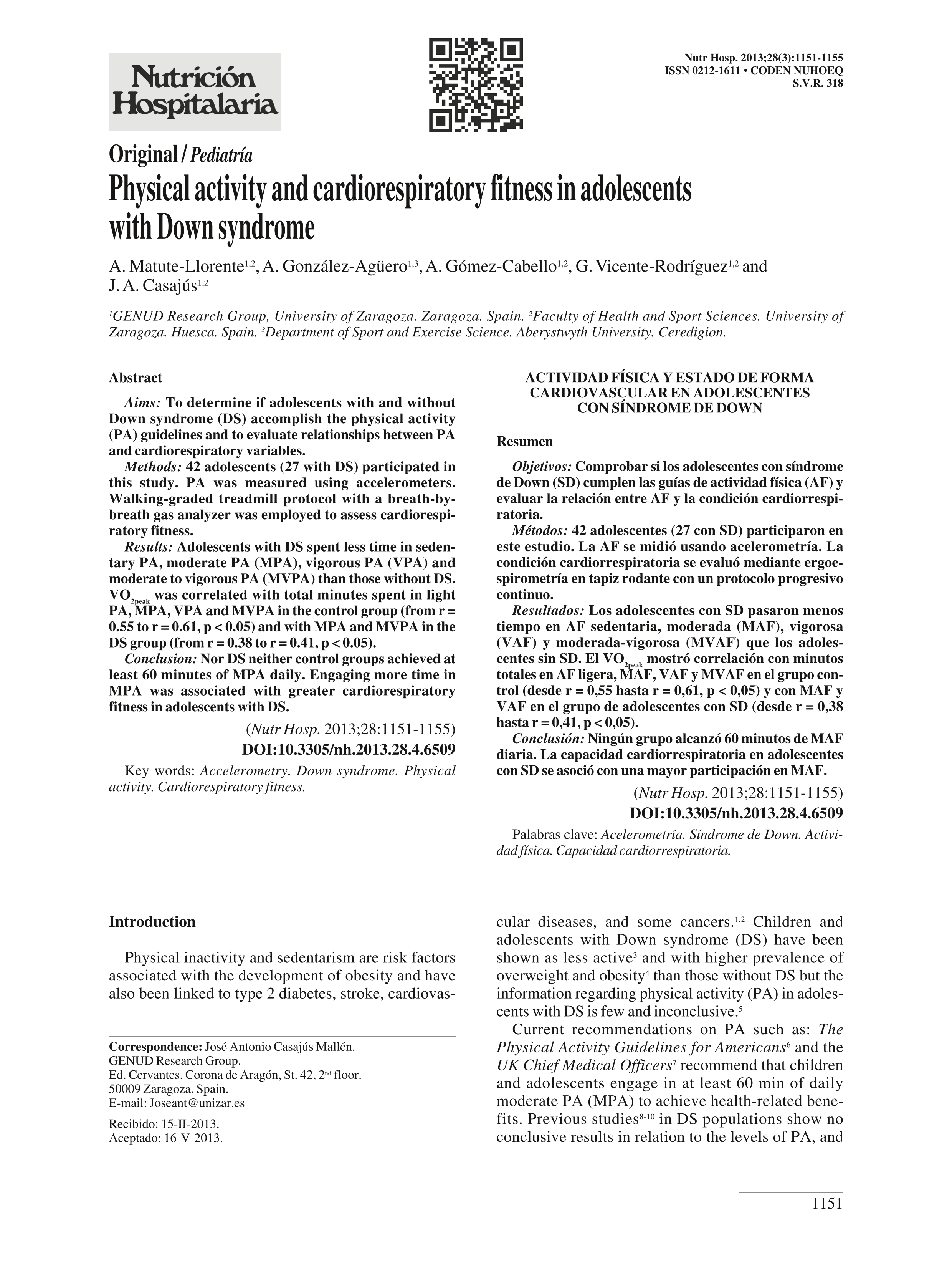 Physical activity and cardiorespiratory fitness in adolescents with Down syndrome