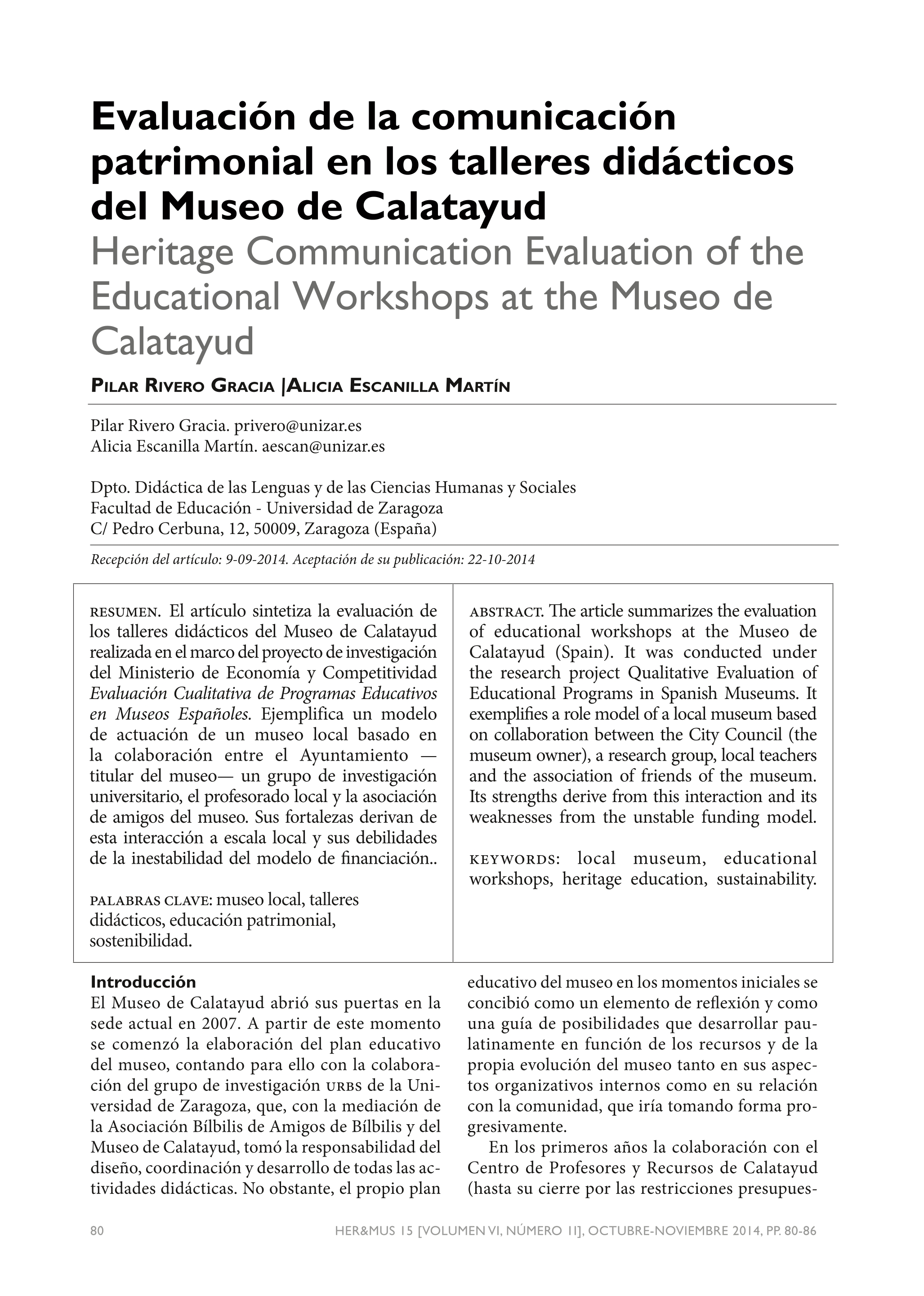 Evaluación de la comunicación patrimonial en los talleres didácticos del Museo de Calatayud