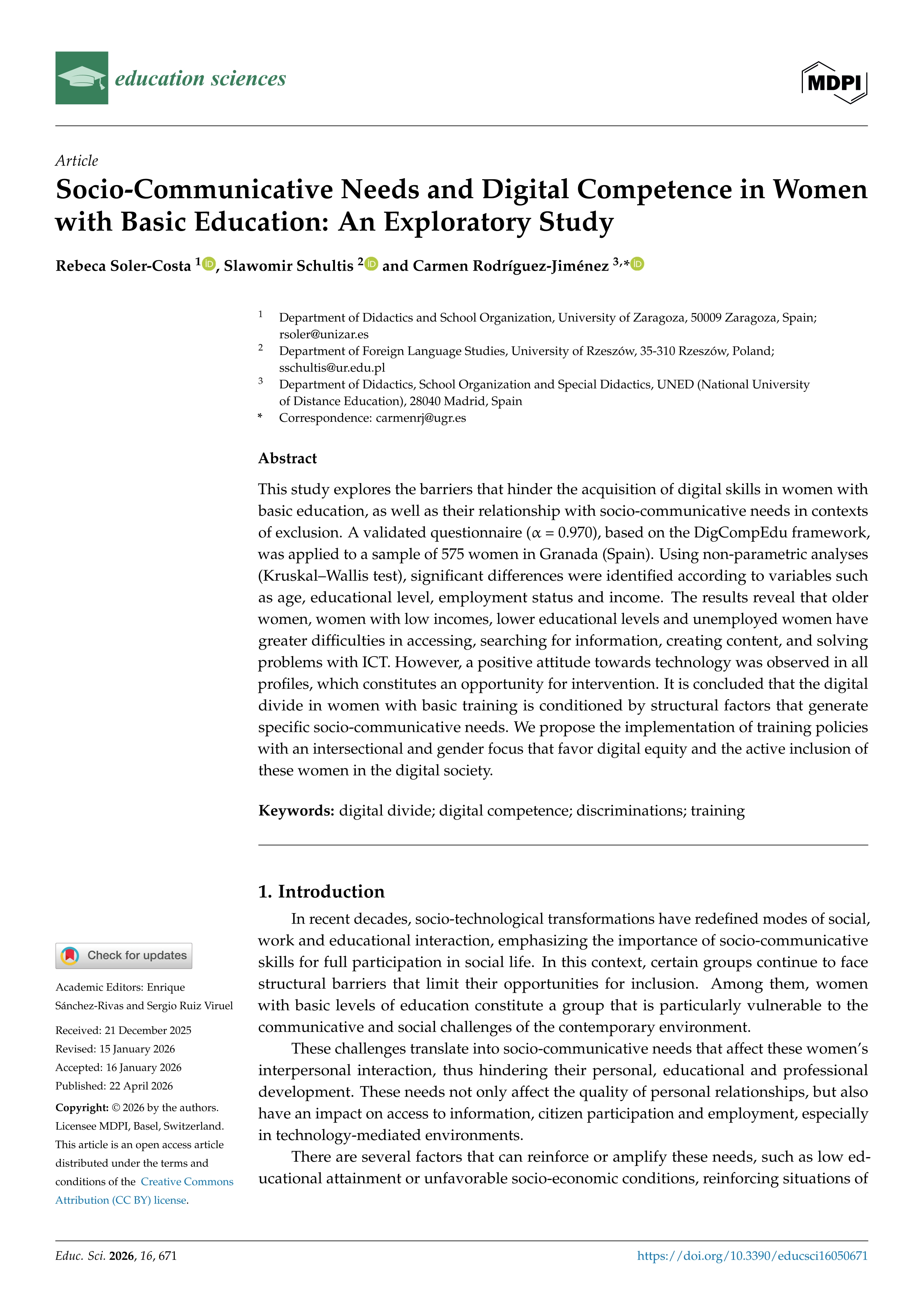 Socio-Communicative Needs and Digital Competence in Women with Basic Education: An Exploratory Study