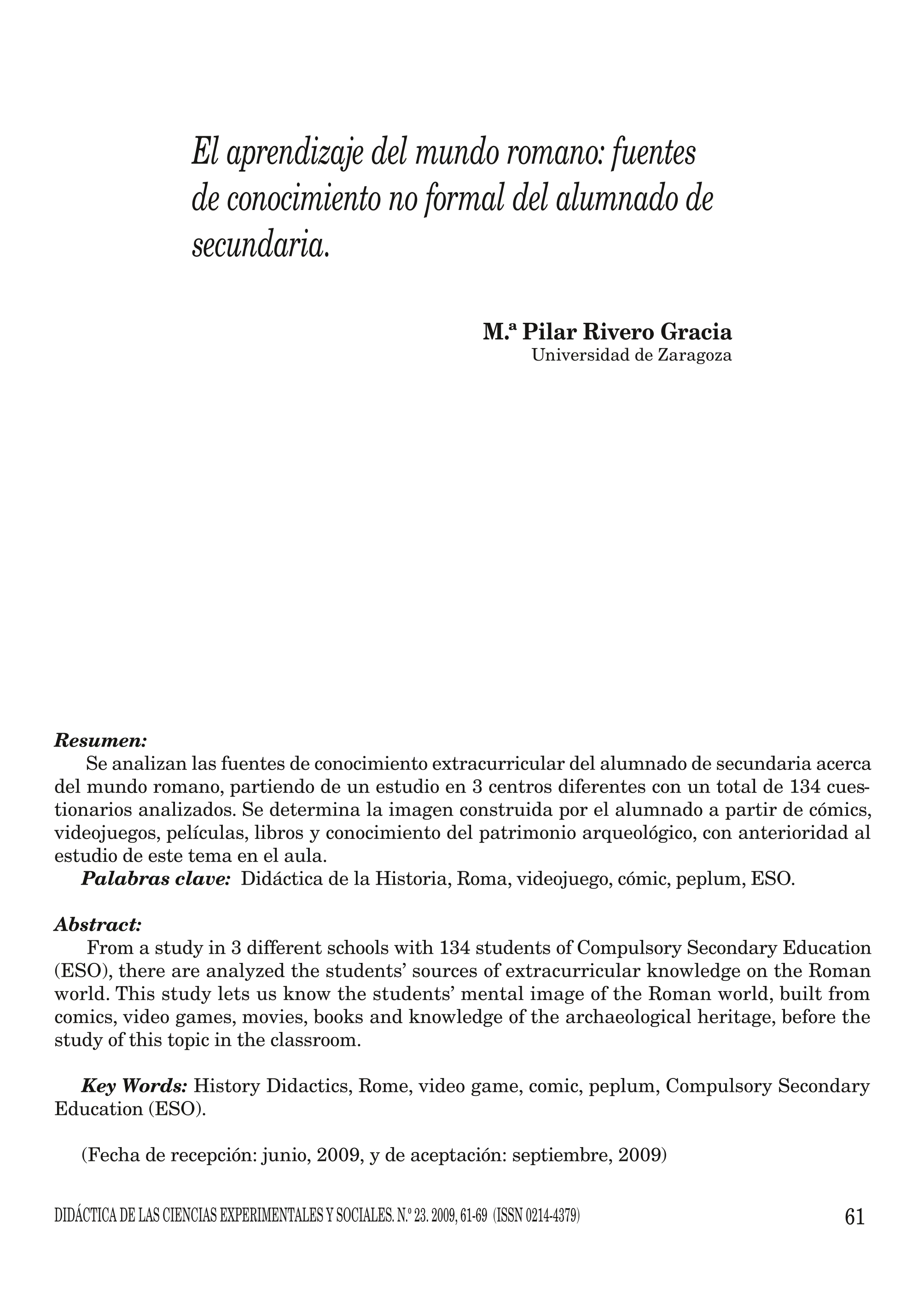 El aprendizaje del mundo romano: fuentes de conocimiento no formal del alumnado de secundaria