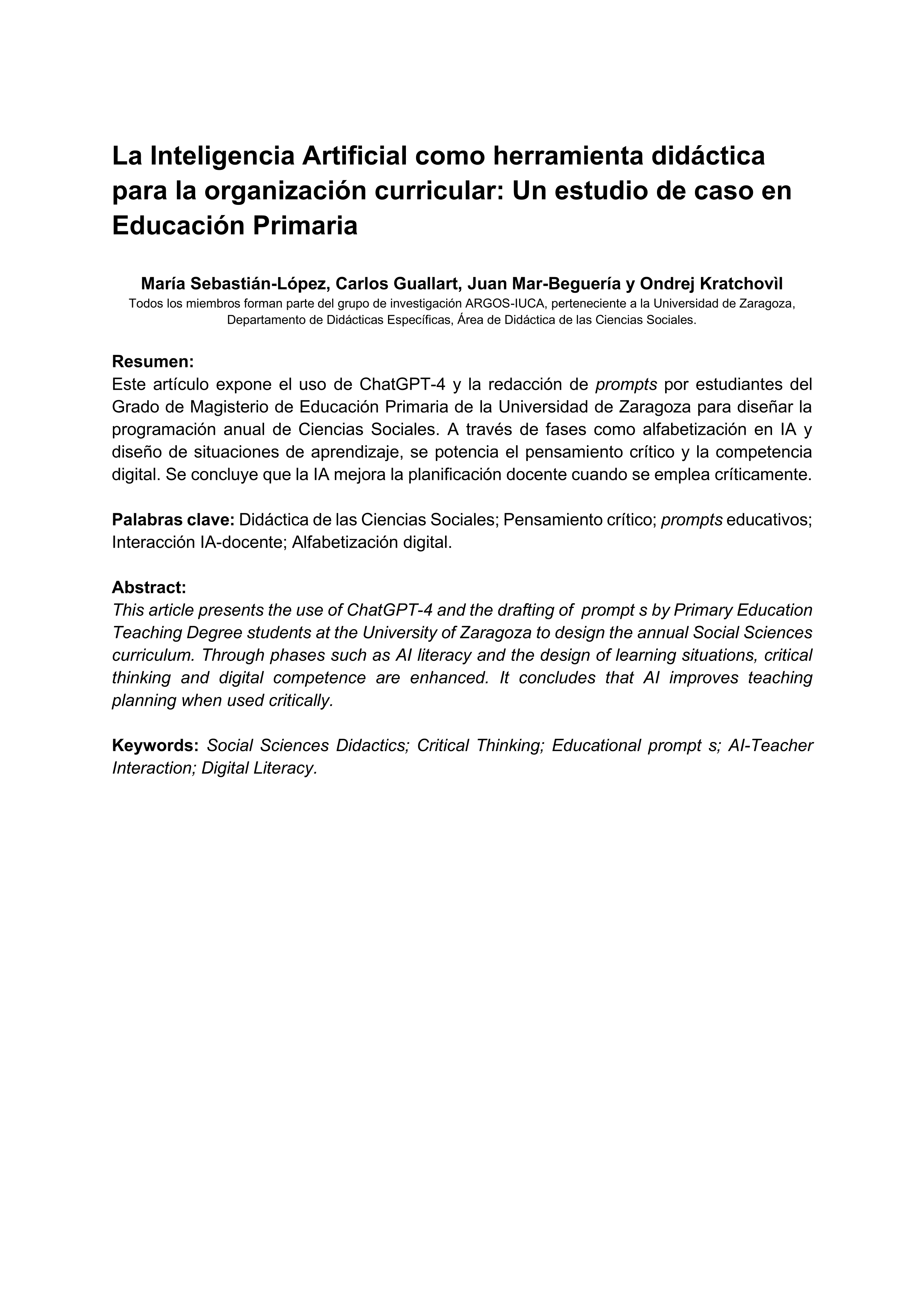 La inteligencia artificial como herramienta didáctica para la organización curricular. Un estudio de caso en educación primaria