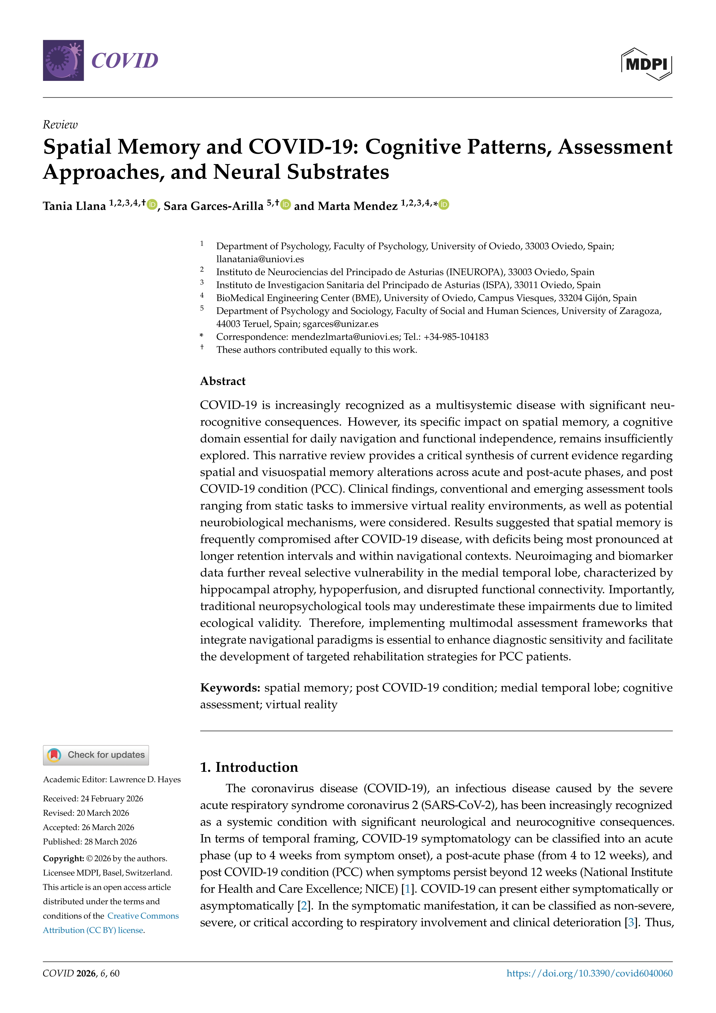 Spatial Memory and COVID-19: Cognitive Patterns, Assessment Approaches, and Neural Substrates