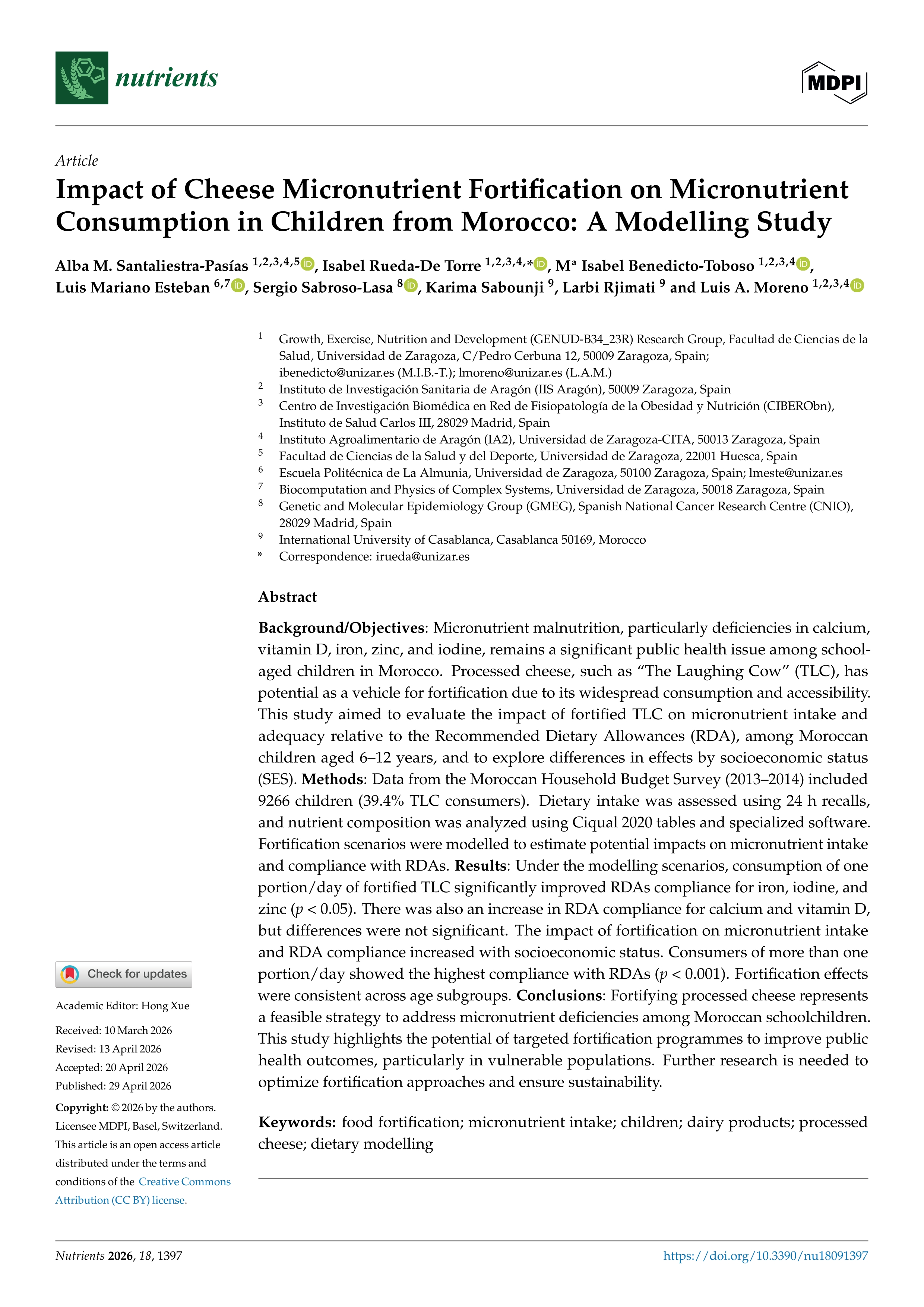Impact of Cheese Micronutrient Fortification on Micronutrient Consumption in Children from Morocco: A Modelling Study