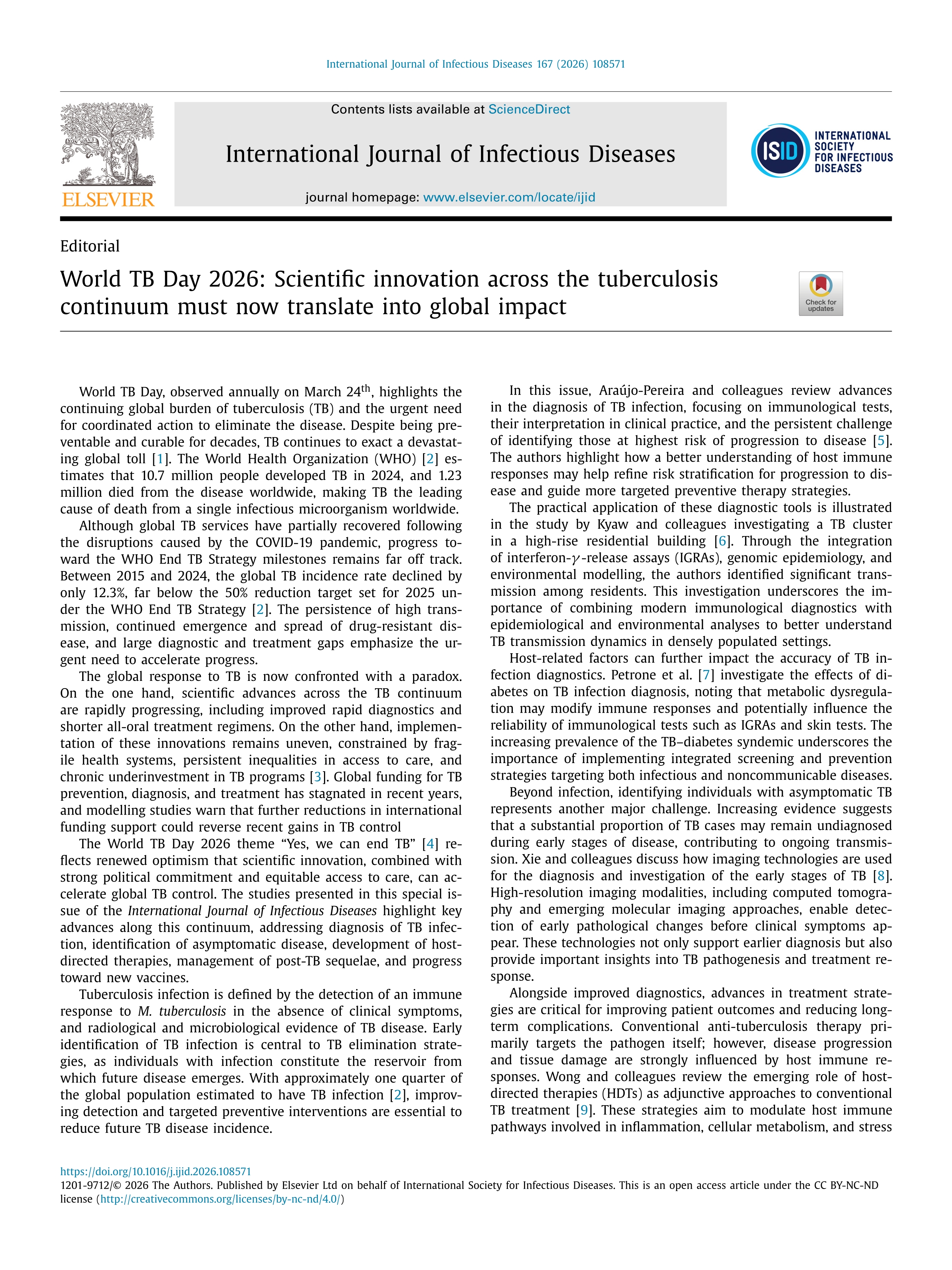 World TB Day 2026: Scientific innovation across the tuberculosis continuum must now translate into global impact
