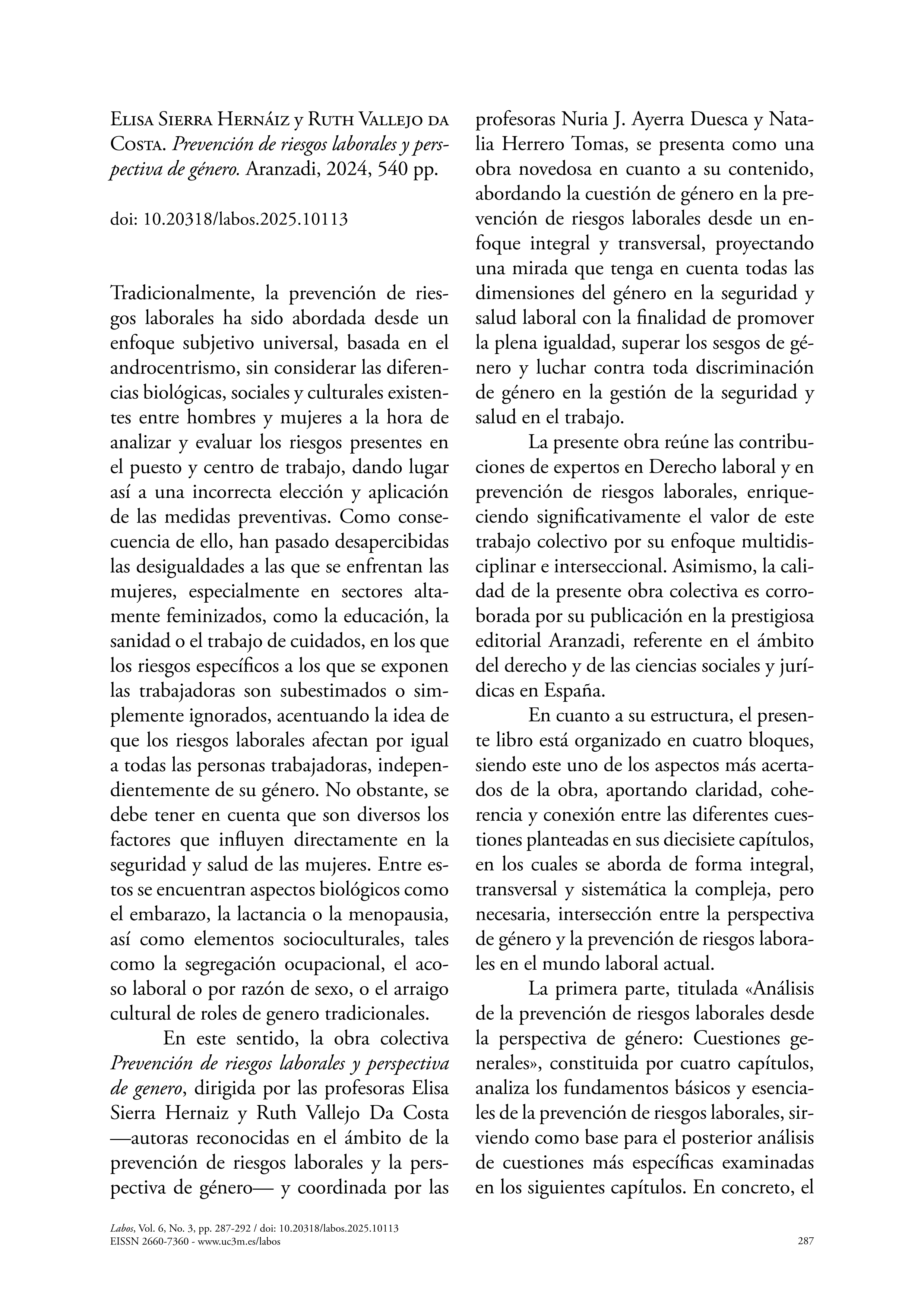 Sierra Hernáiz, Elisa y Vallejo Da Costa, Ruth. Prevención de riesgos laborales y perspectiva de género