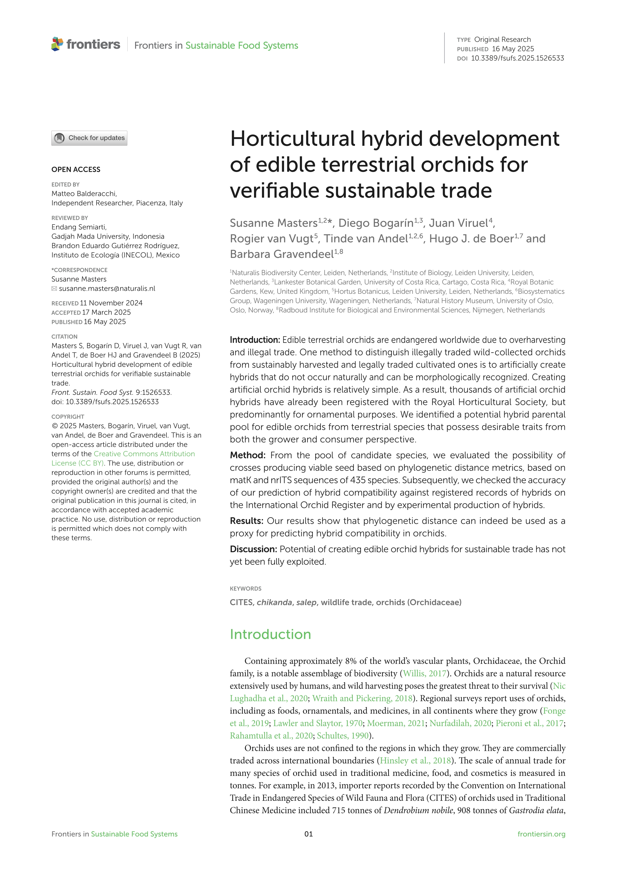 Horticultural hybrid development of edible terrestrial orchids for verifiable sustainable trade