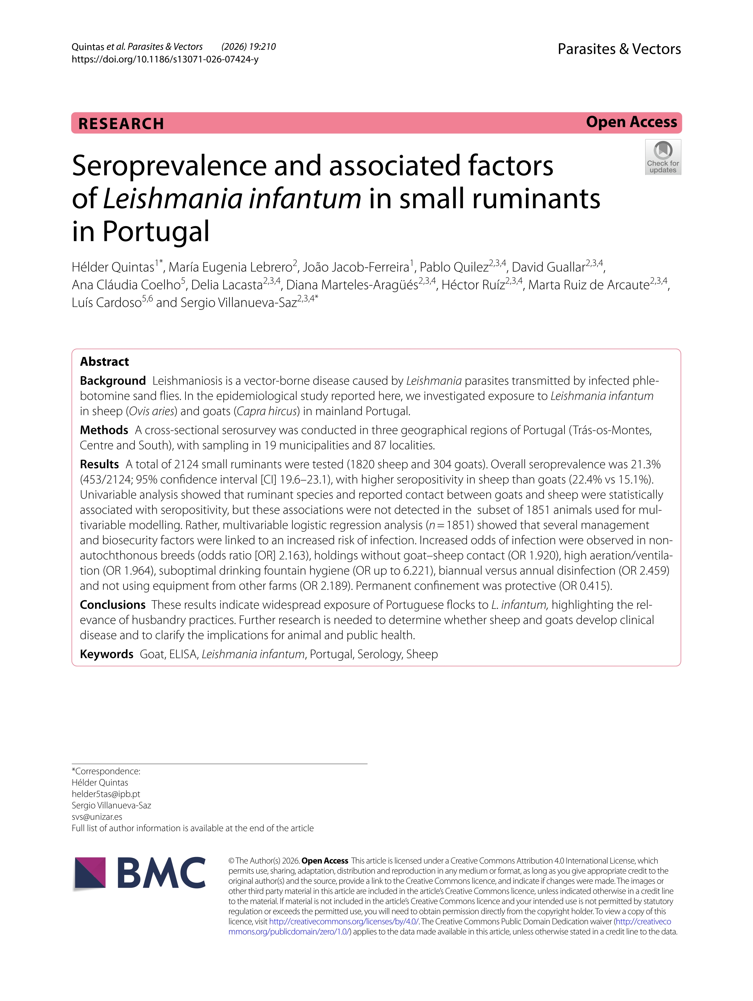 Seroprevalence and associated factors ofLeishmania infantum  in small ruminants in Portugal