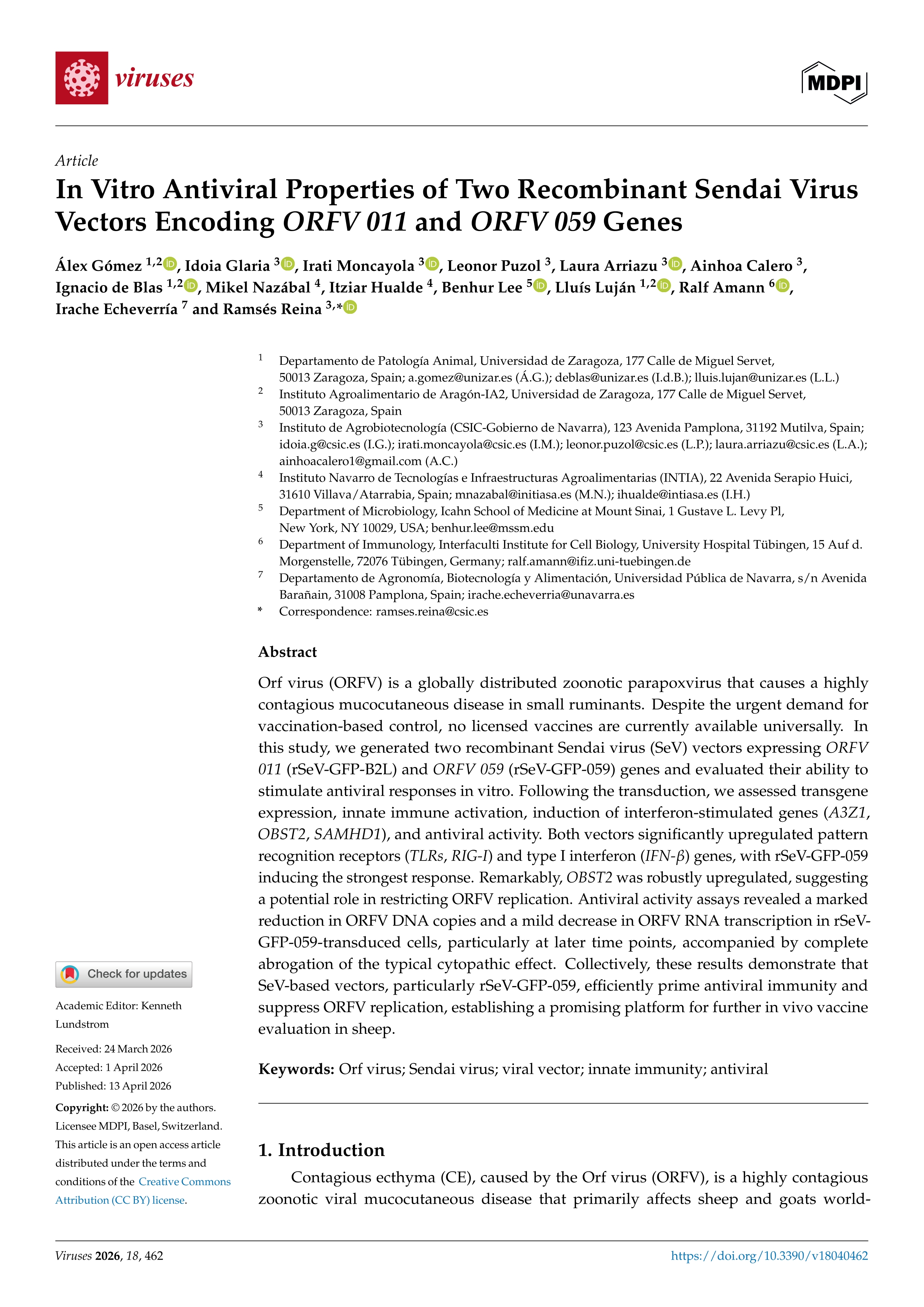 In Vitro Antiviral Properties of Two Recombinant Sendai Virus Vectors Encoding ORFV 011 and ORFV 059 Genes