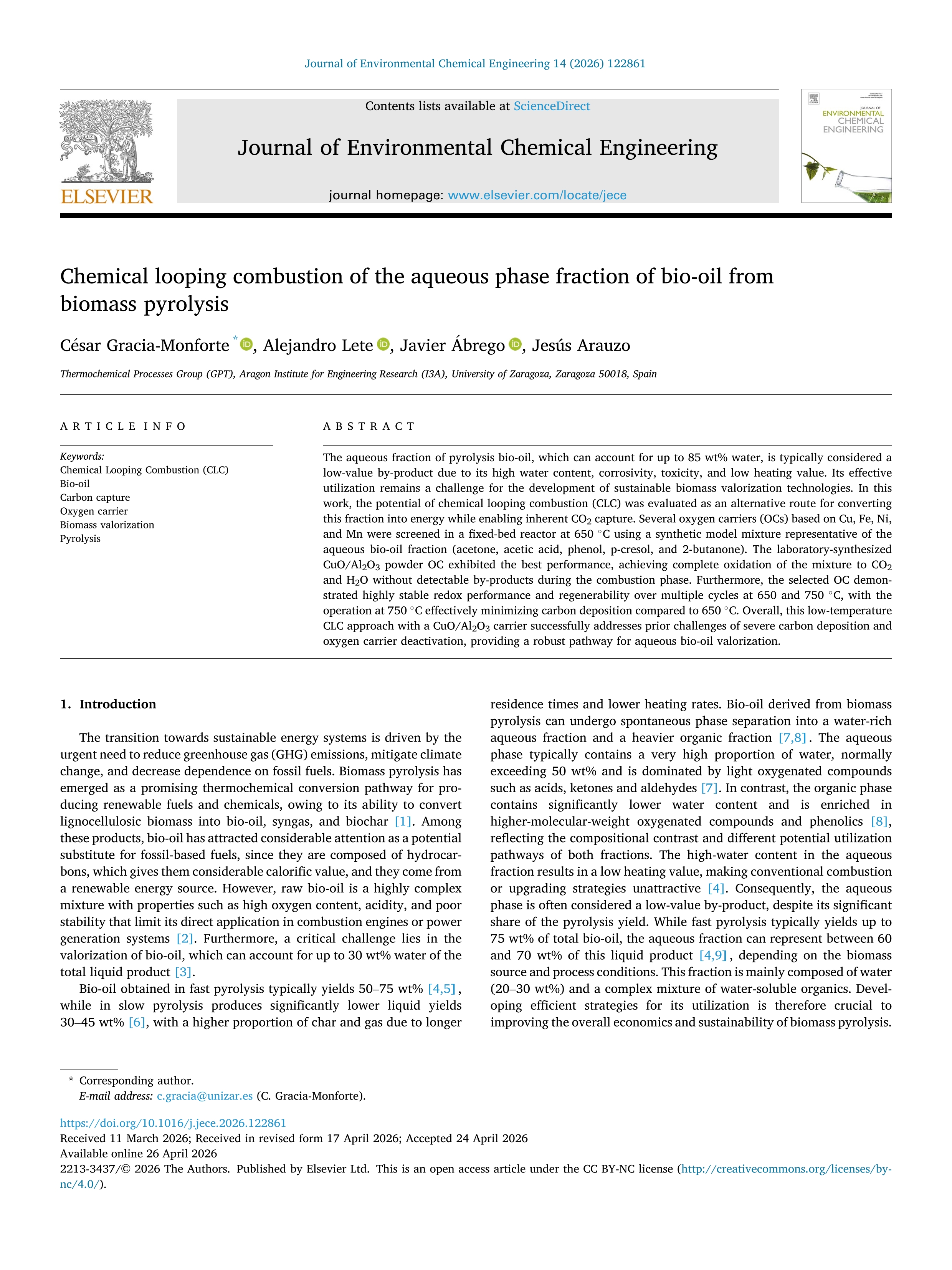 Chemical looping combustion of the aqueous phase fraction of bio-oil from biomass pyrolysis
